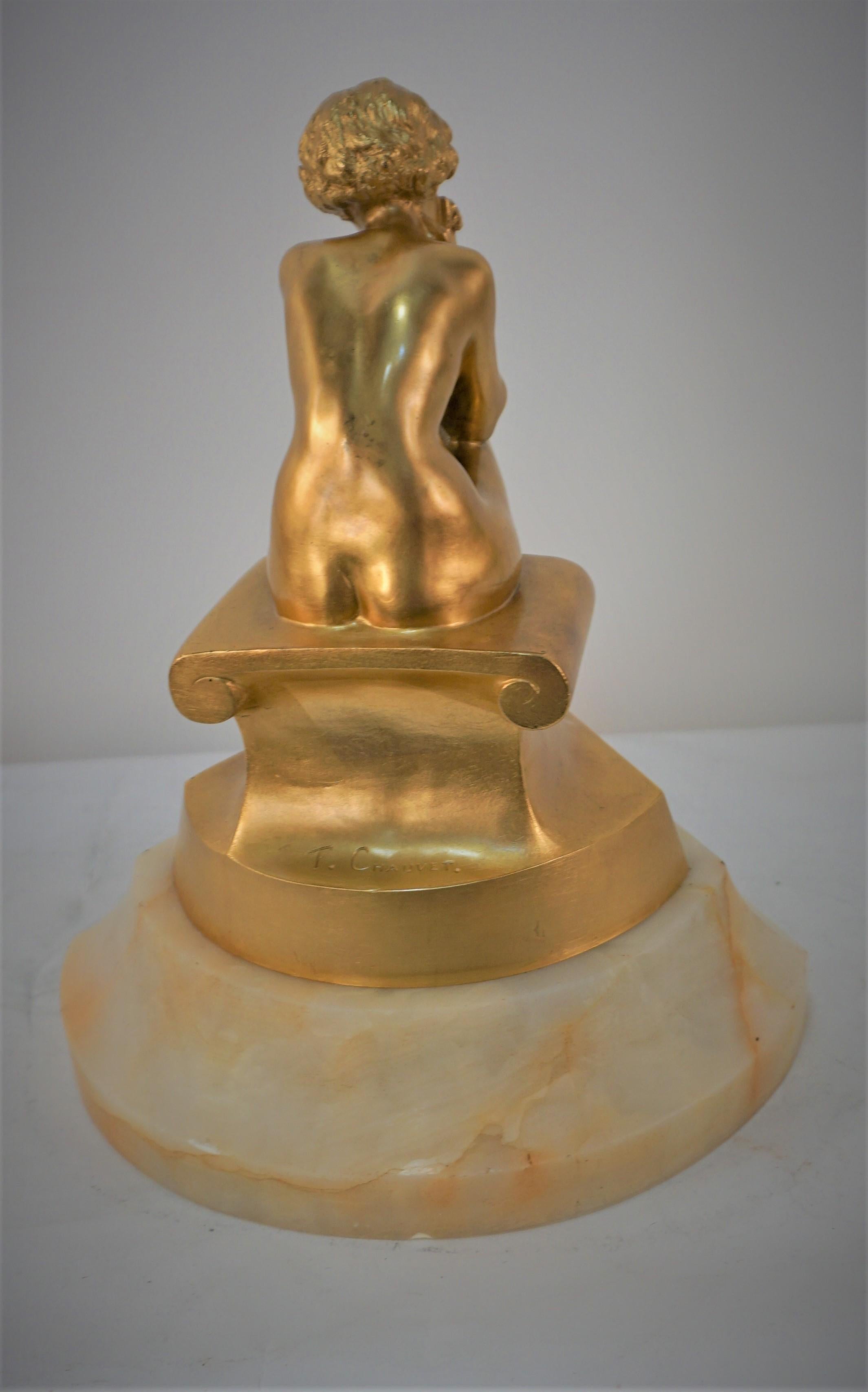 Early 20th Century Gilt Bronze Sculpture Young Man 'Meditation' by Florentin Louis Chauvet  For Sale