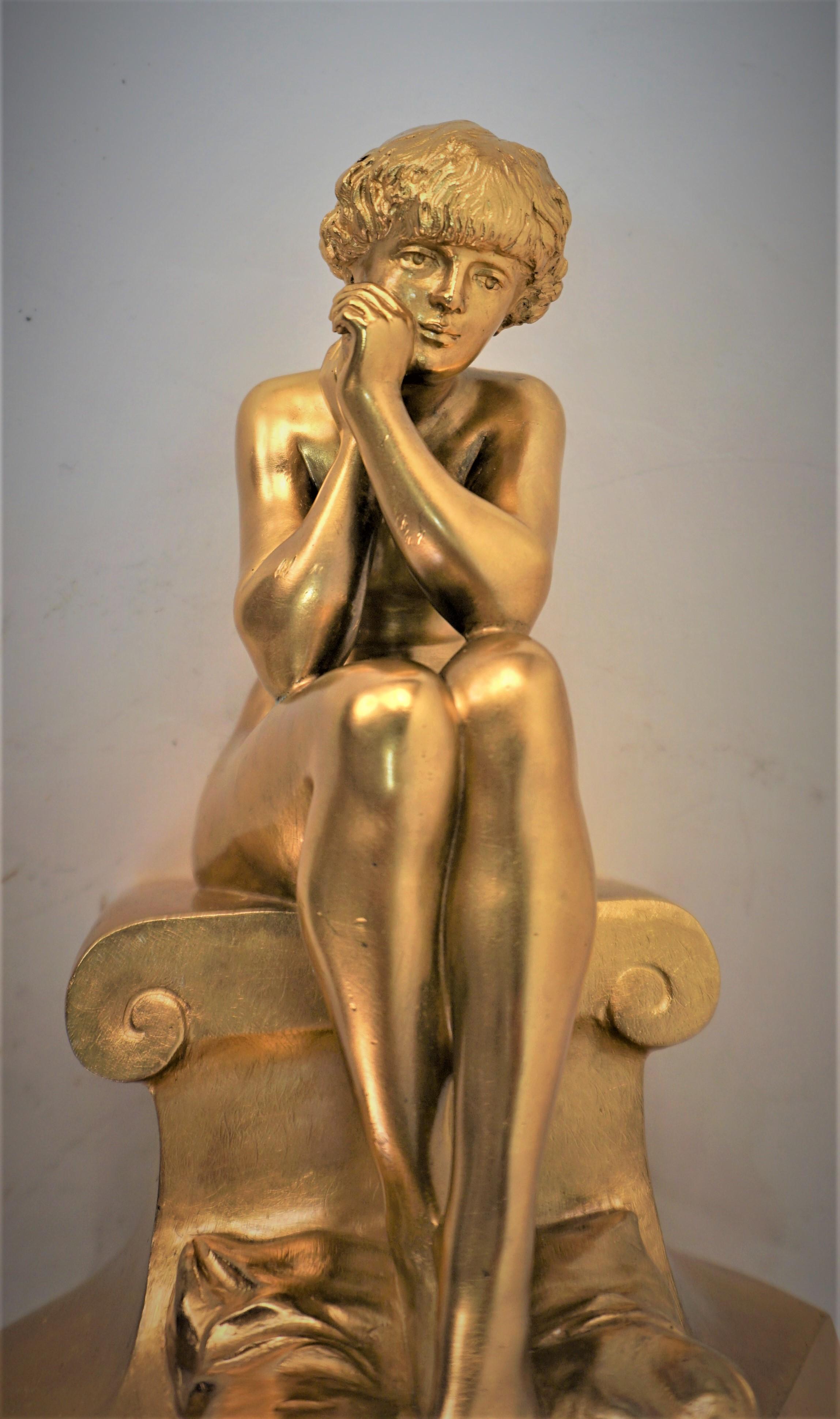 Gilt Bronze Sculpture Young Man 'Meditation' by Florentin Louis Chauvet  For Sale 3