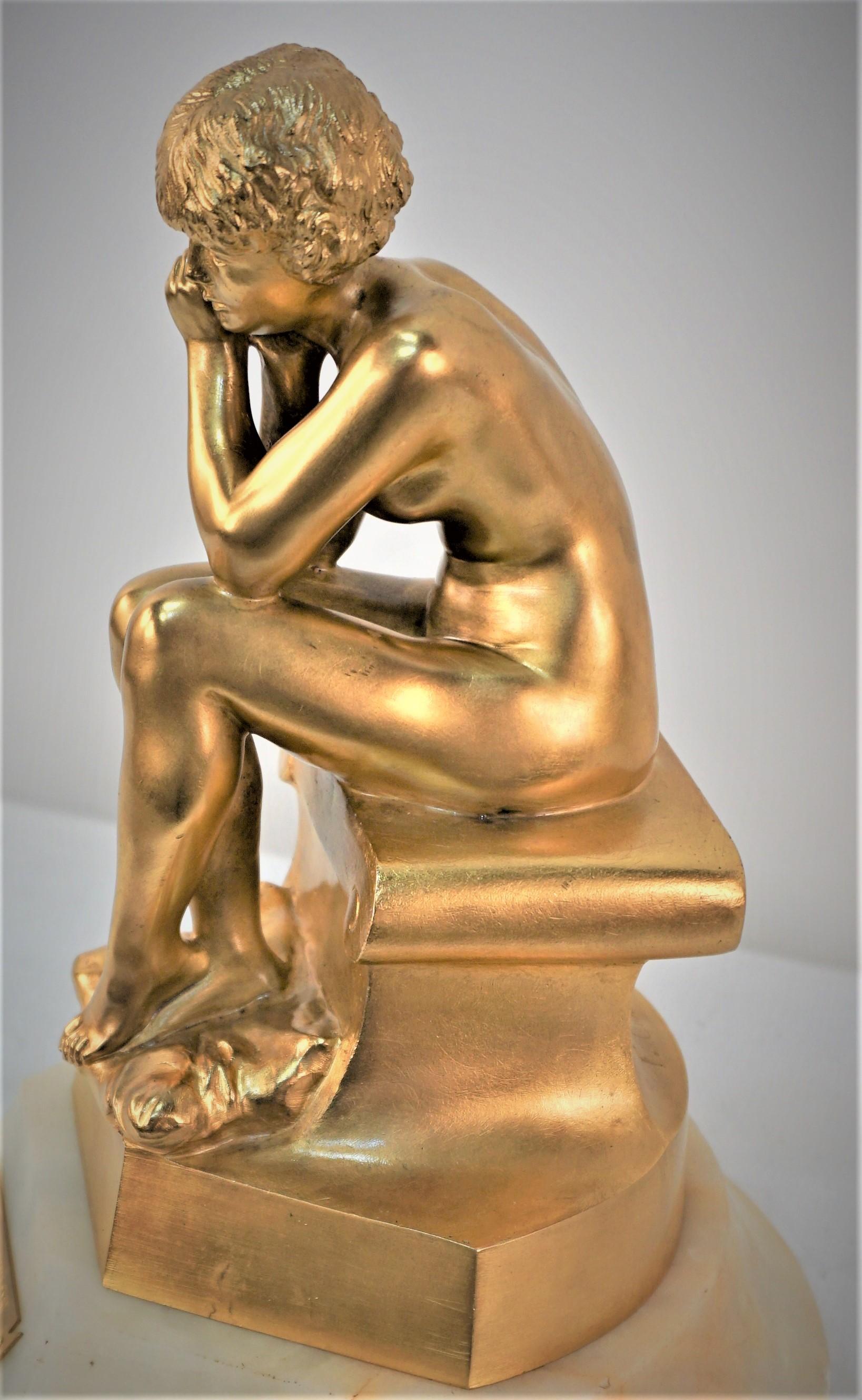 Gilt Bronze Sculpture Young Man 'Meditation' by Florentin Louis Chauvet  For Sale 4