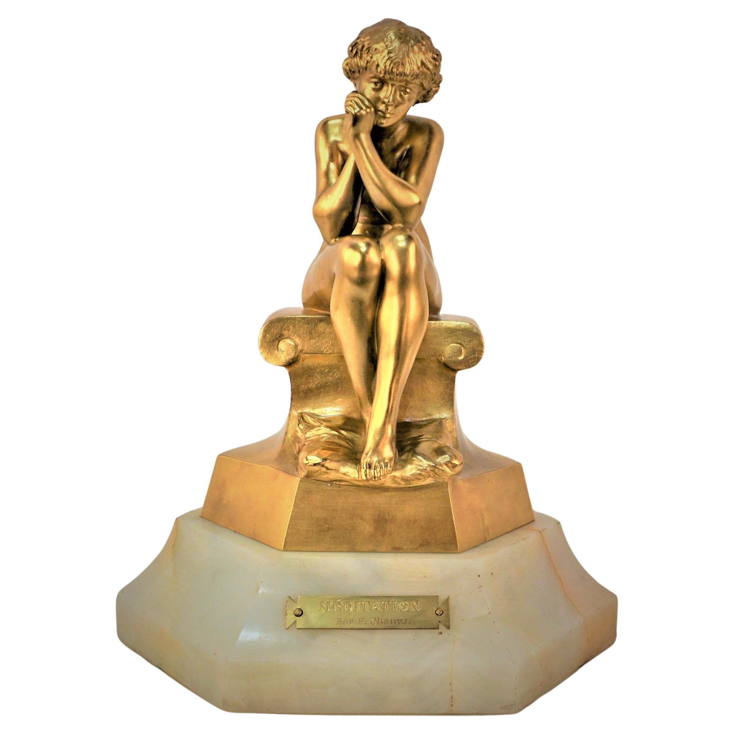 Gilt Bronze Sculpture Young Man 'Meditation' by Florentin Louis Chauvet  For Sale