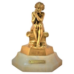 Gilt Bronze Sculpture Young Man 'Meditation' by Florentin Louis Chauvet 