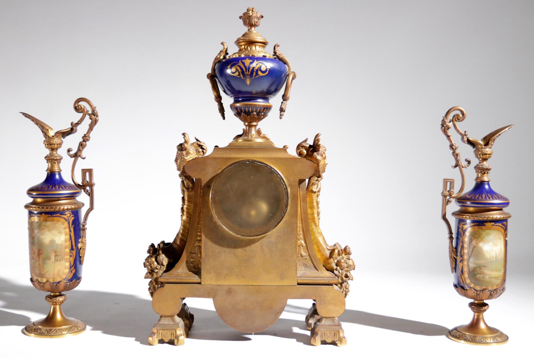 Gilt Bronze Sevres Style Clock Garniture, 19th Century For Sale 3