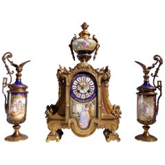 Gilt Bronze Sevres Style Clock Garniture, 19th Century