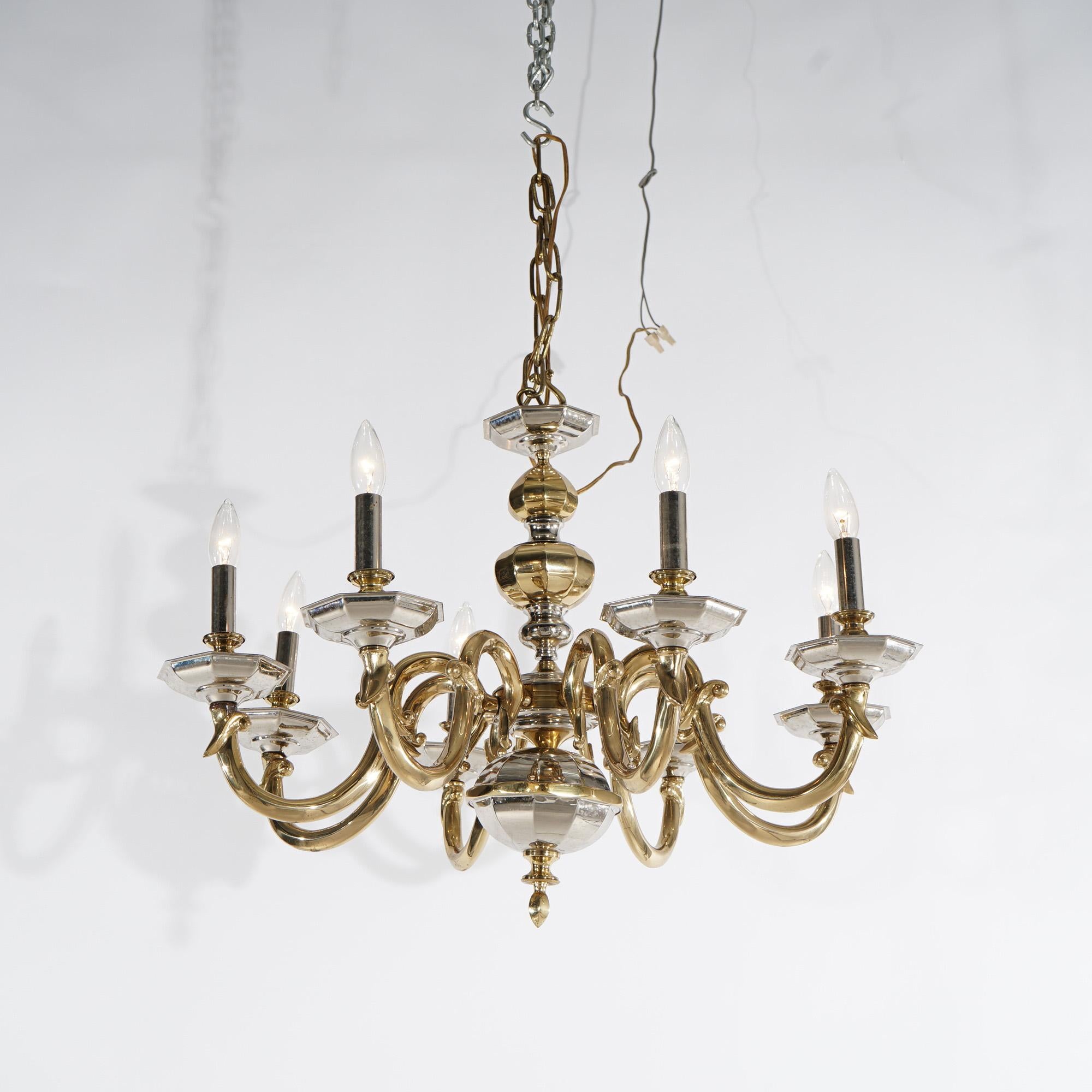 American Gilt Bronze & Silver Eight Light Chandelier 20th C For Sale