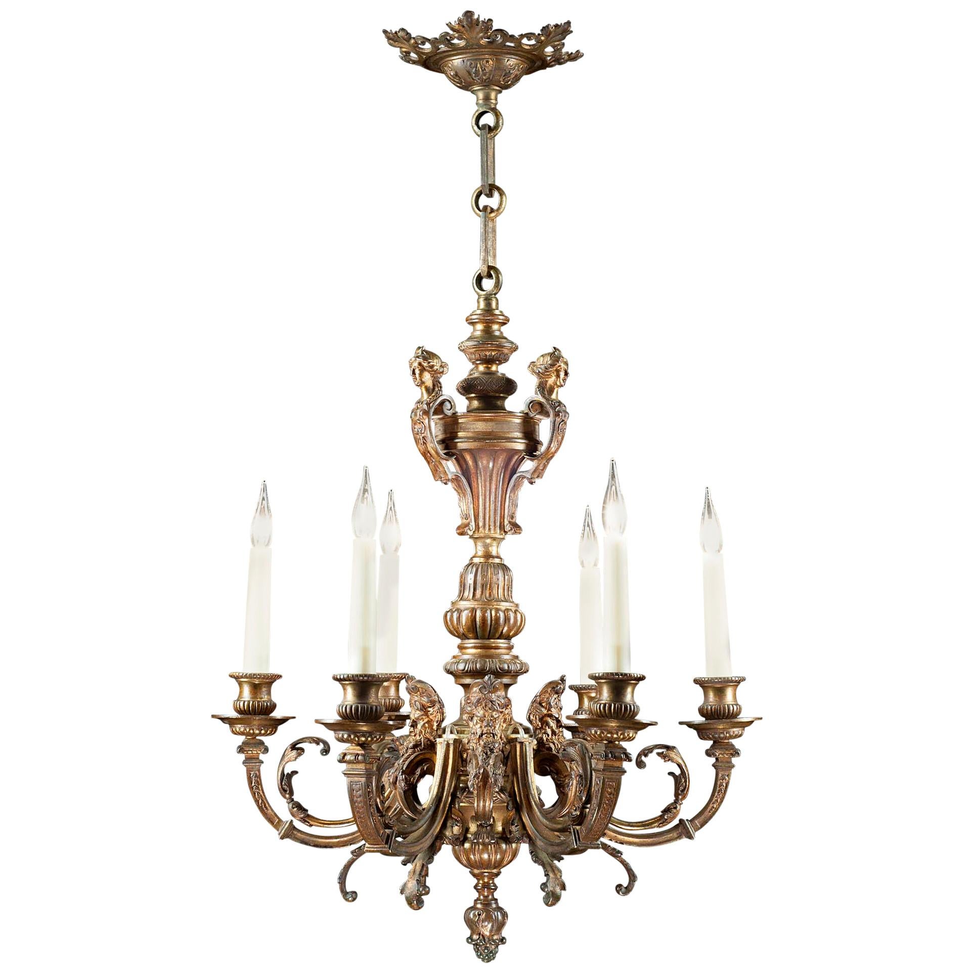 Gilt Bronze Six Branch Baroque Style Chandelier