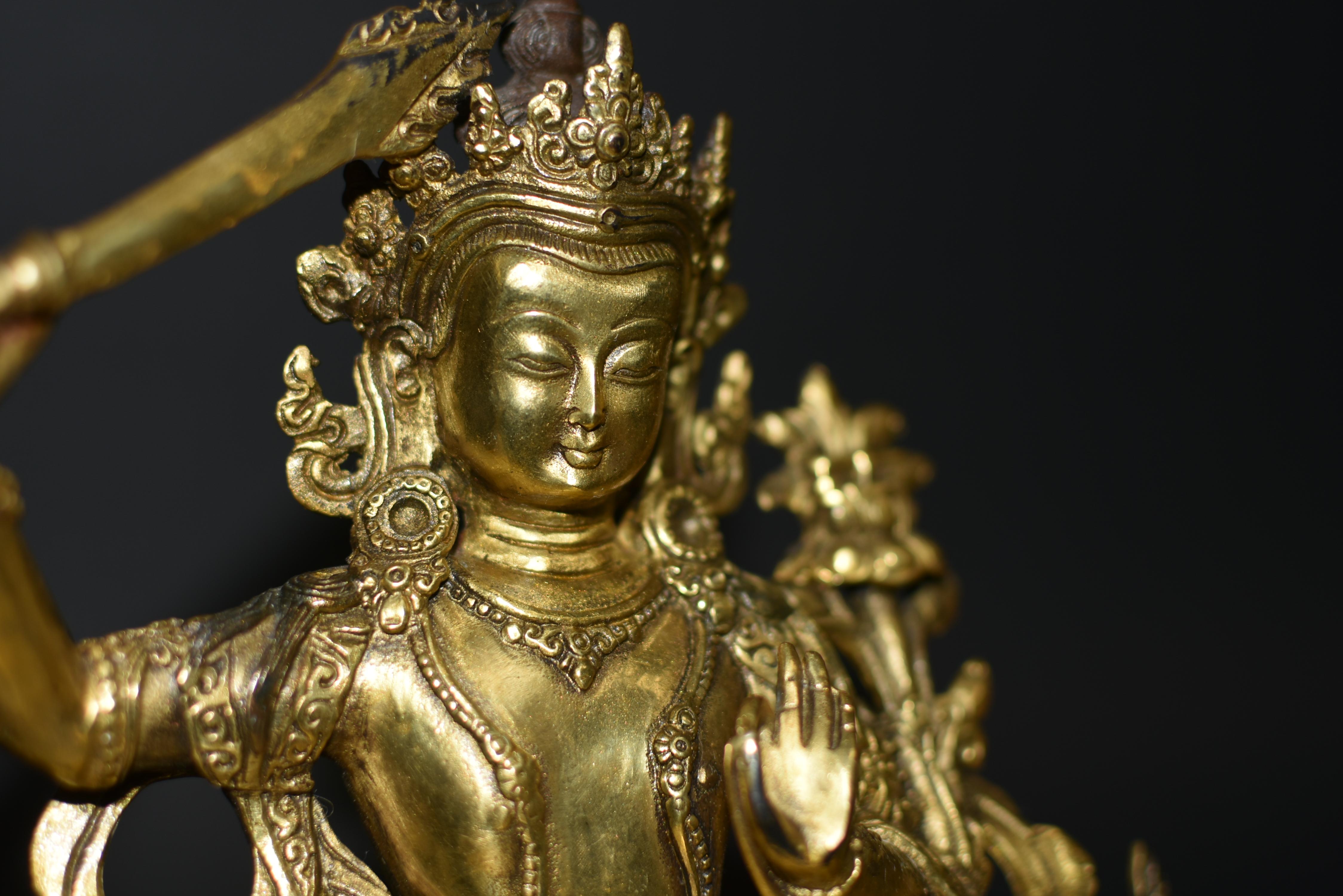Gilt Bronze Smiling Manjushree Tibetan Buddha For Sale 6