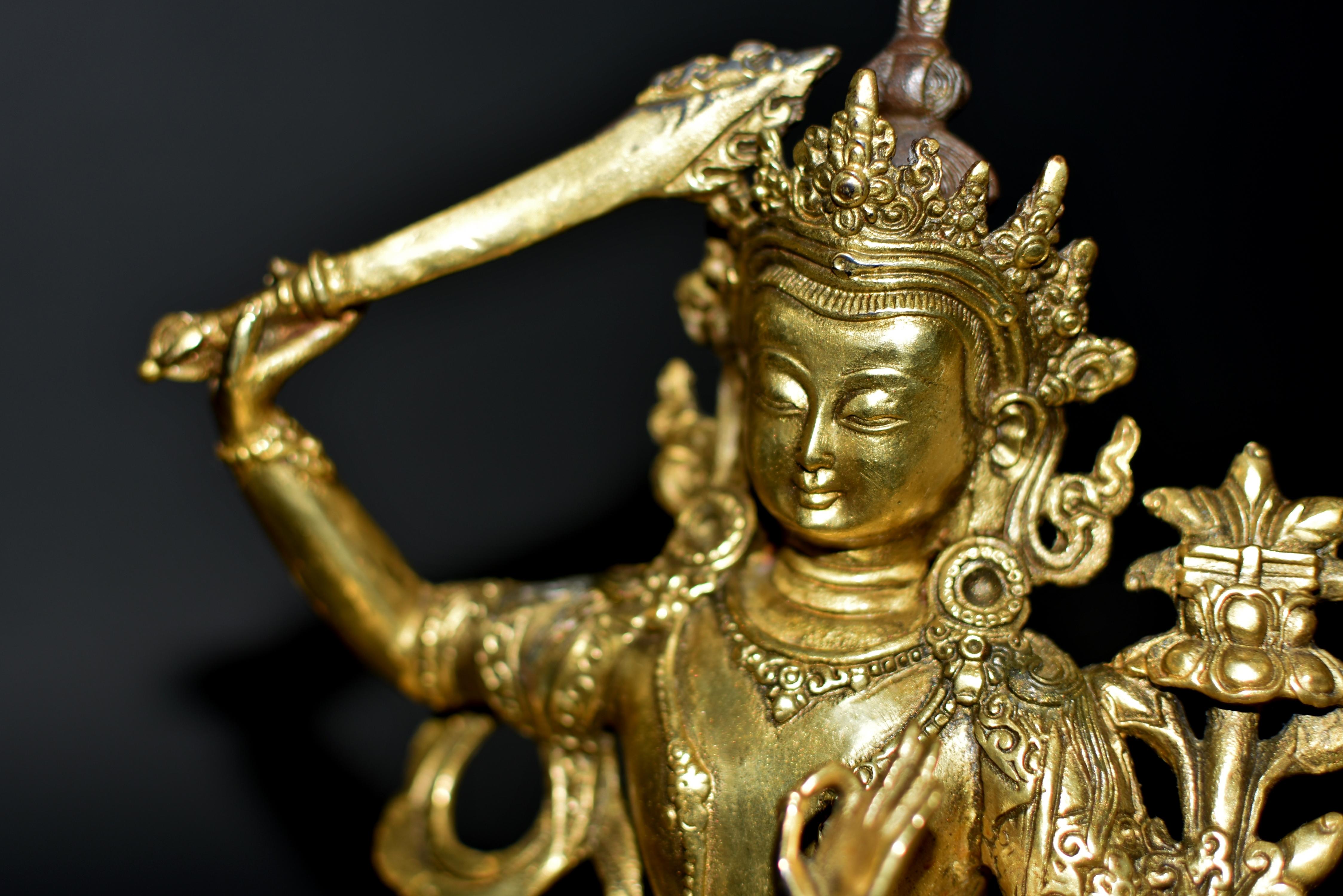 Gilt Bronze Smiling Manjushree Tibetan Buddha For Sale 7