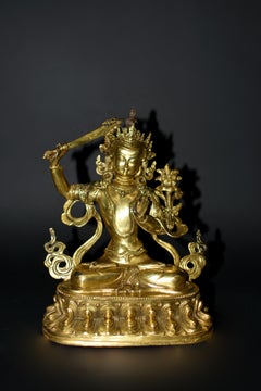 Gilt Bronze Smiling Manjushree Tibetan Buddha