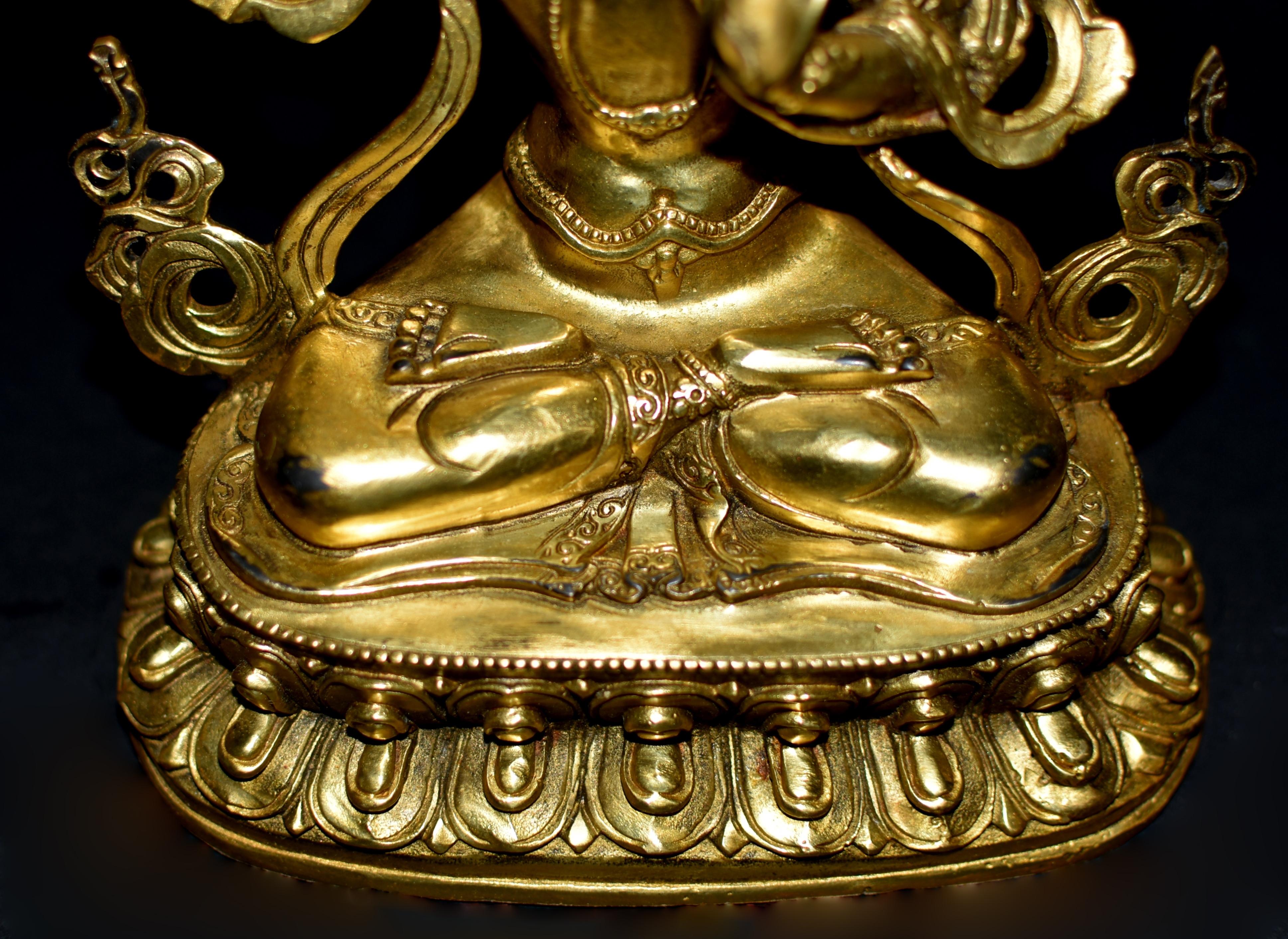 20th Century Gilt Bronze Smiling Manjushree Tibetan Buddha For Sale