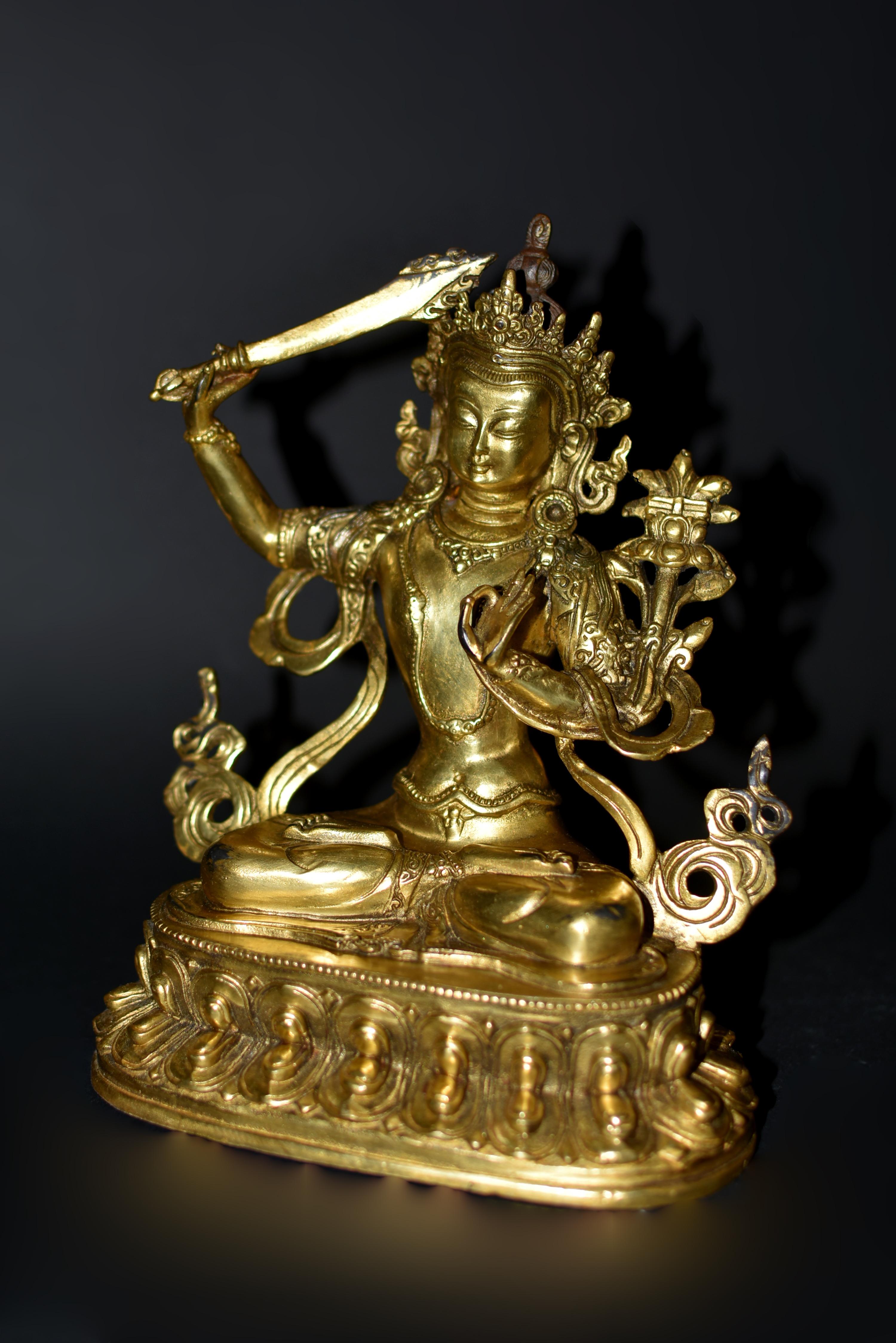 Gilt Bronze Smiling Manjushree Tibetan Buddha For Sale 1