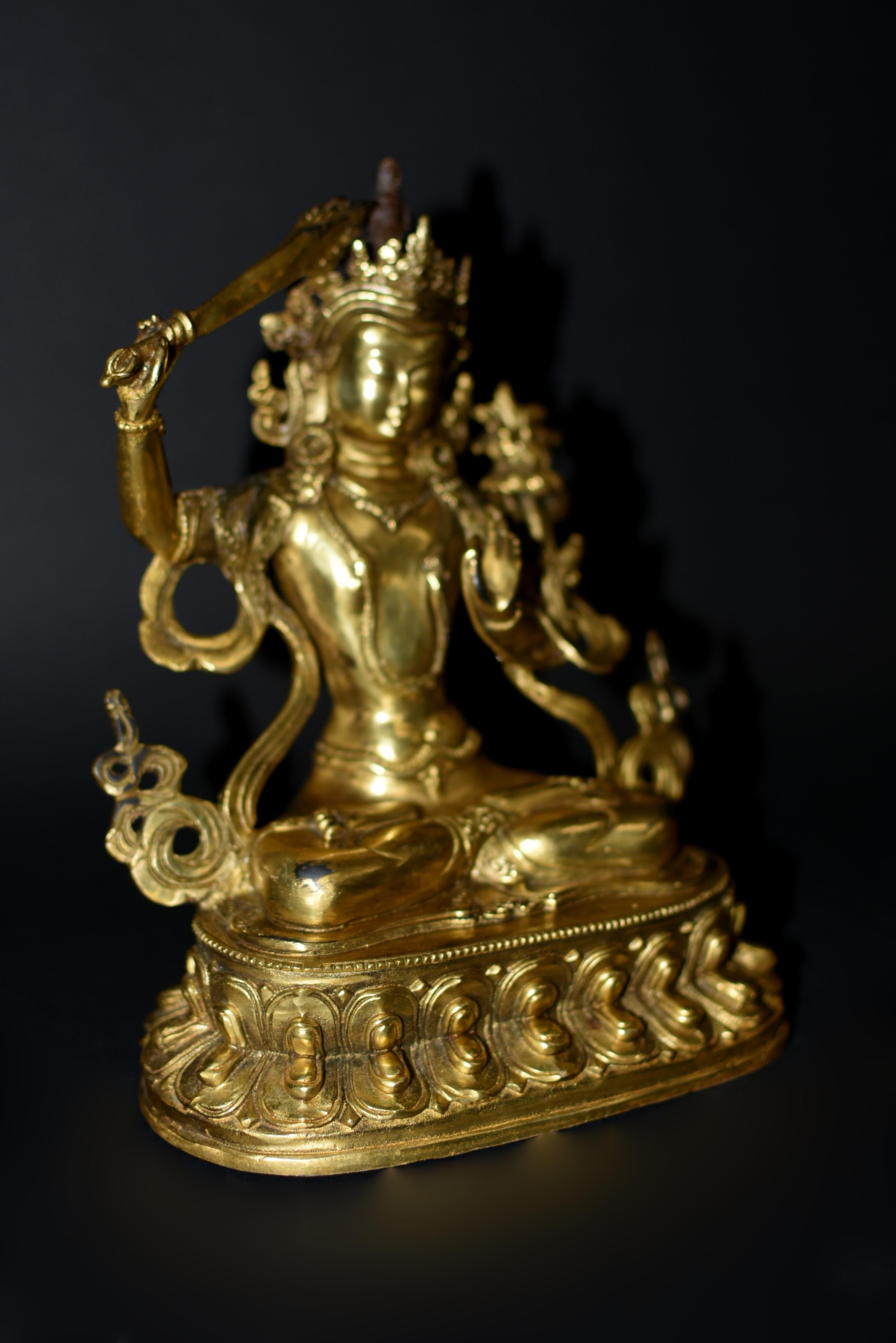 Gilt Bronze Smiling Manjushree Tibetan Buddha For Sale 2