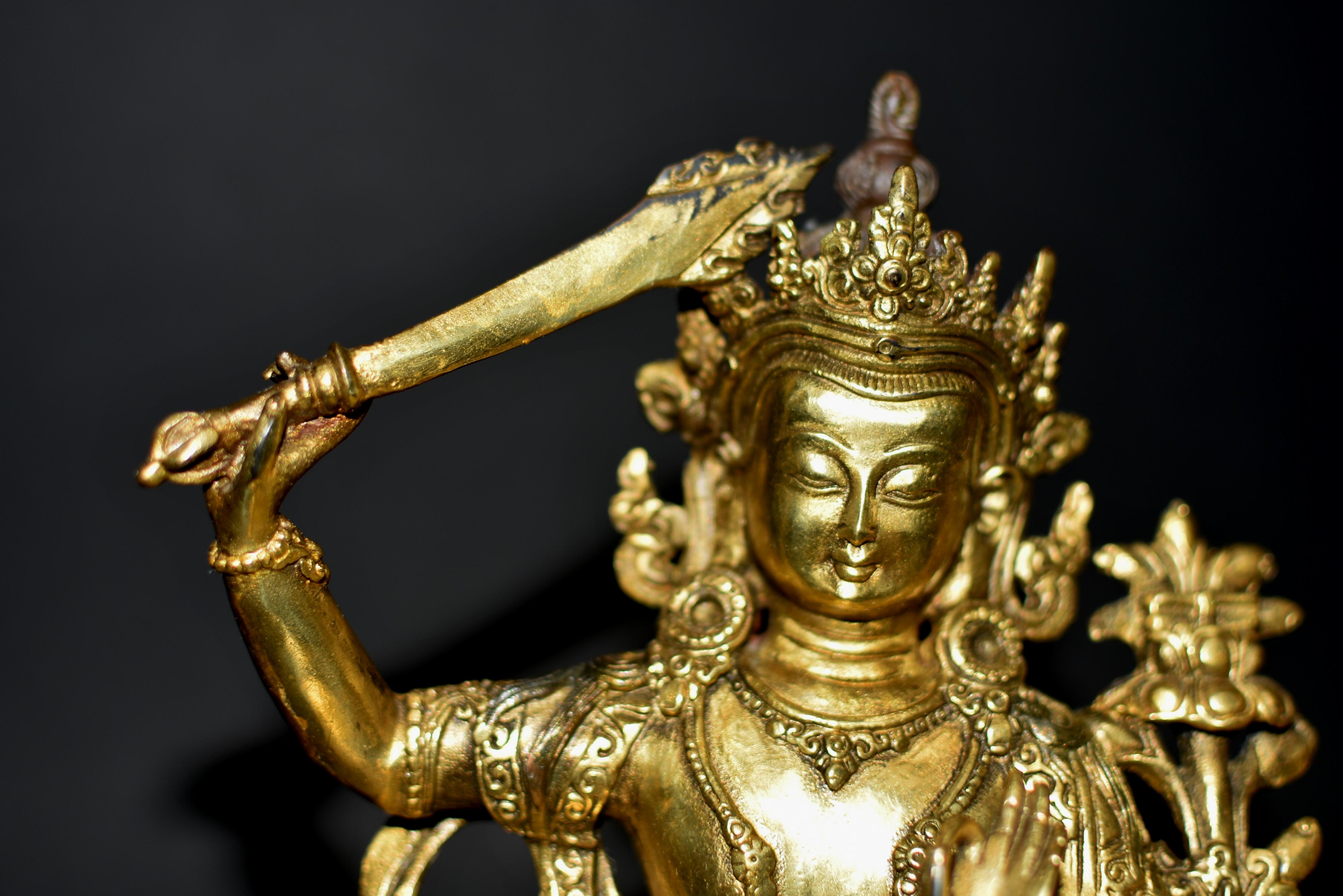 Gilt Bronze Smiling Manjushree Tibetan Buddha For Sale 3