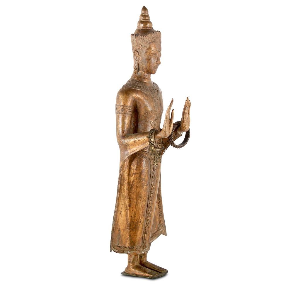 Thai Gilt Bronze and Gesso Standing Buddha Figure