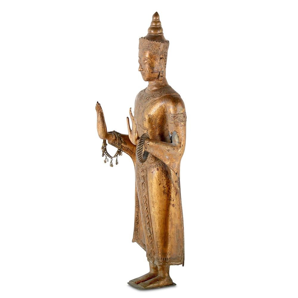 Gilt Bronze and Gesso Standing Buddha Figure In Good Condition In Vancouver, British Columbia