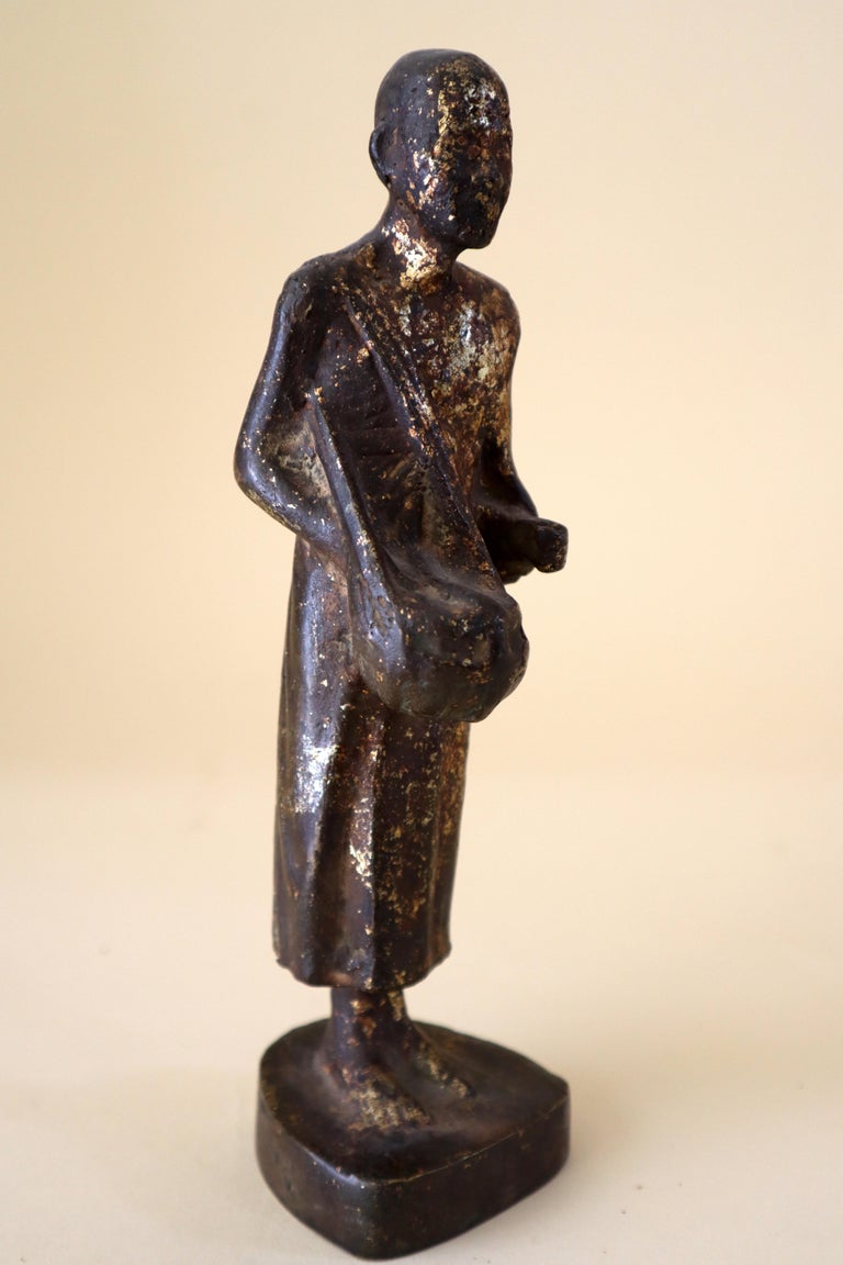 Gilt Bronze Standing Myanmar Burma Buddhist Monk Votive Figure 19th C Patina For Sale at 1stdibs