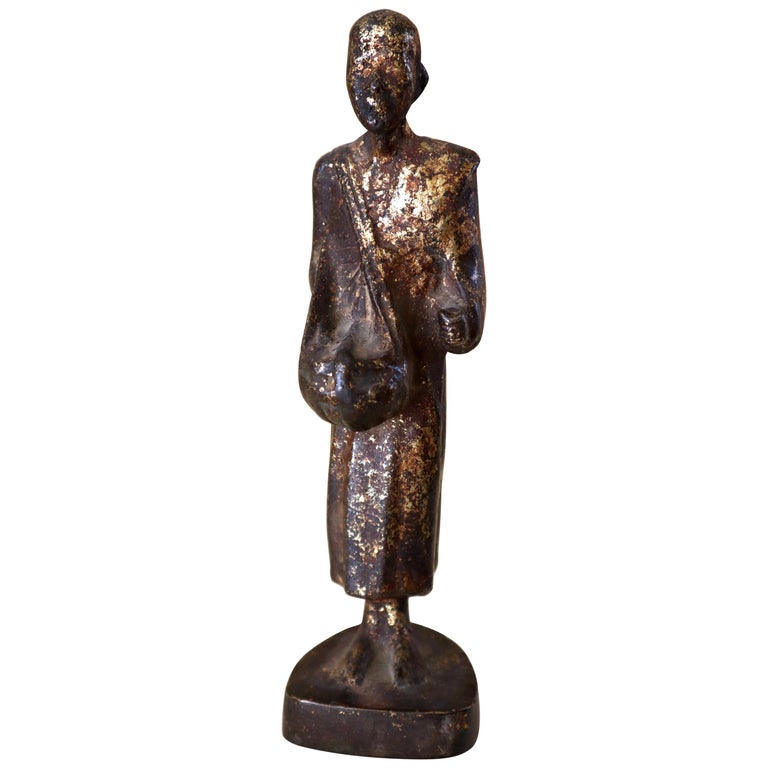 Gilt Bronze Standing Myanmar Burma Buddhist Monk Votive Figure 19th C Patina For Sale at 1stdibs