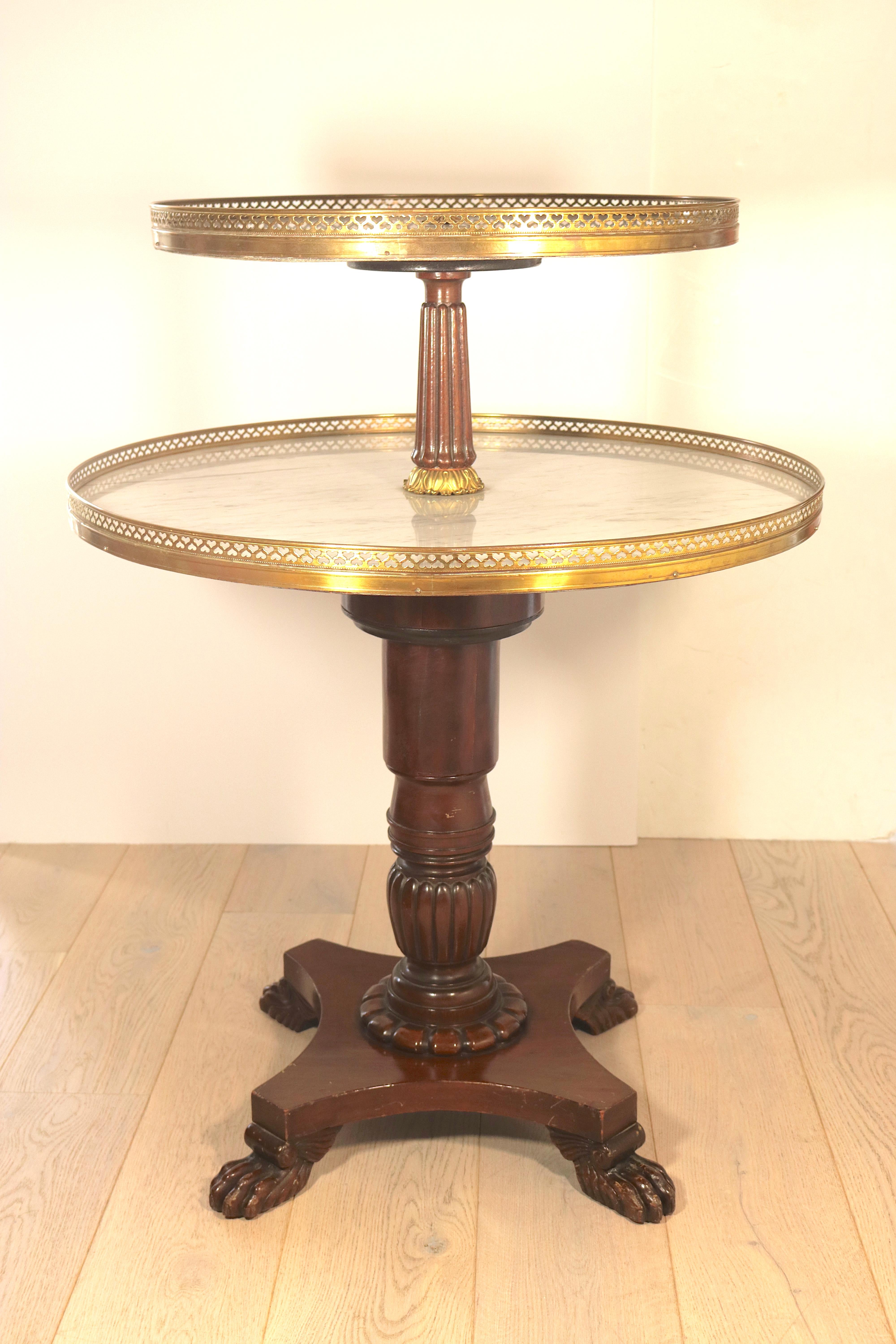 A most auspicious occasion deserves dessert served in Rothschild style!!
From a Socialite's table to your home.
Classical finely detailed mahogany brass-mounted two-tier dessert serving table-Dumb Waiter, swivel around for accessibility,
The round