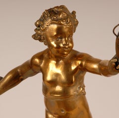 Gilt Bronze Table Lamp Figural Putto 19th Century French Victorian Frozen Glass