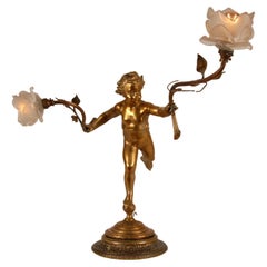 Antique Gilt Bronze Table Lamp Figural Putto 19th Century French Victorian Frozen Glass
