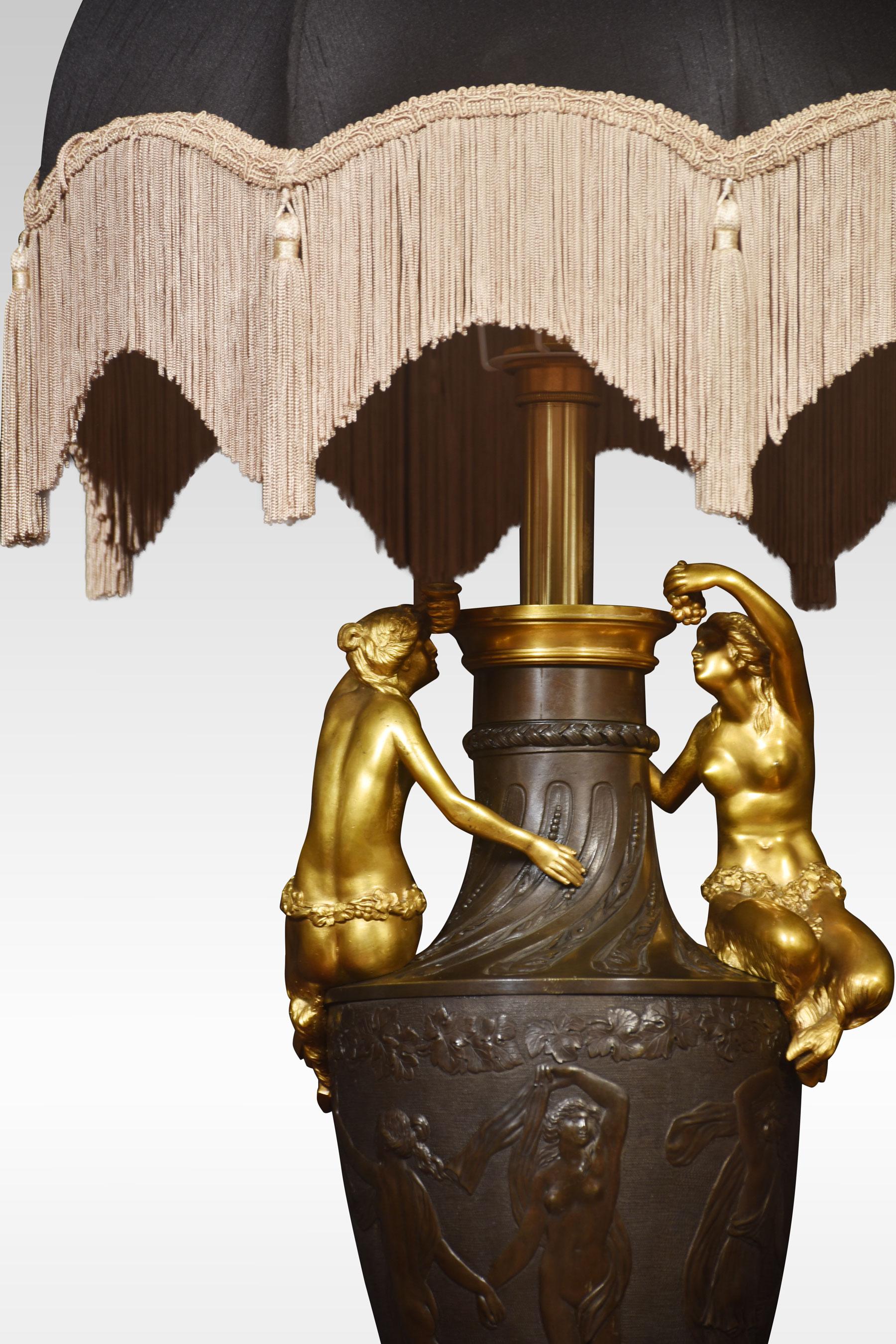 Gilt bronze table lamp, The circular lighting stem above urn-shaped body cast with figures and mounted with female satyrs. All raised up on turned stem and platform base.
Dimensions
Height 26 inches
Width 11 inches
Depth 8 inches.