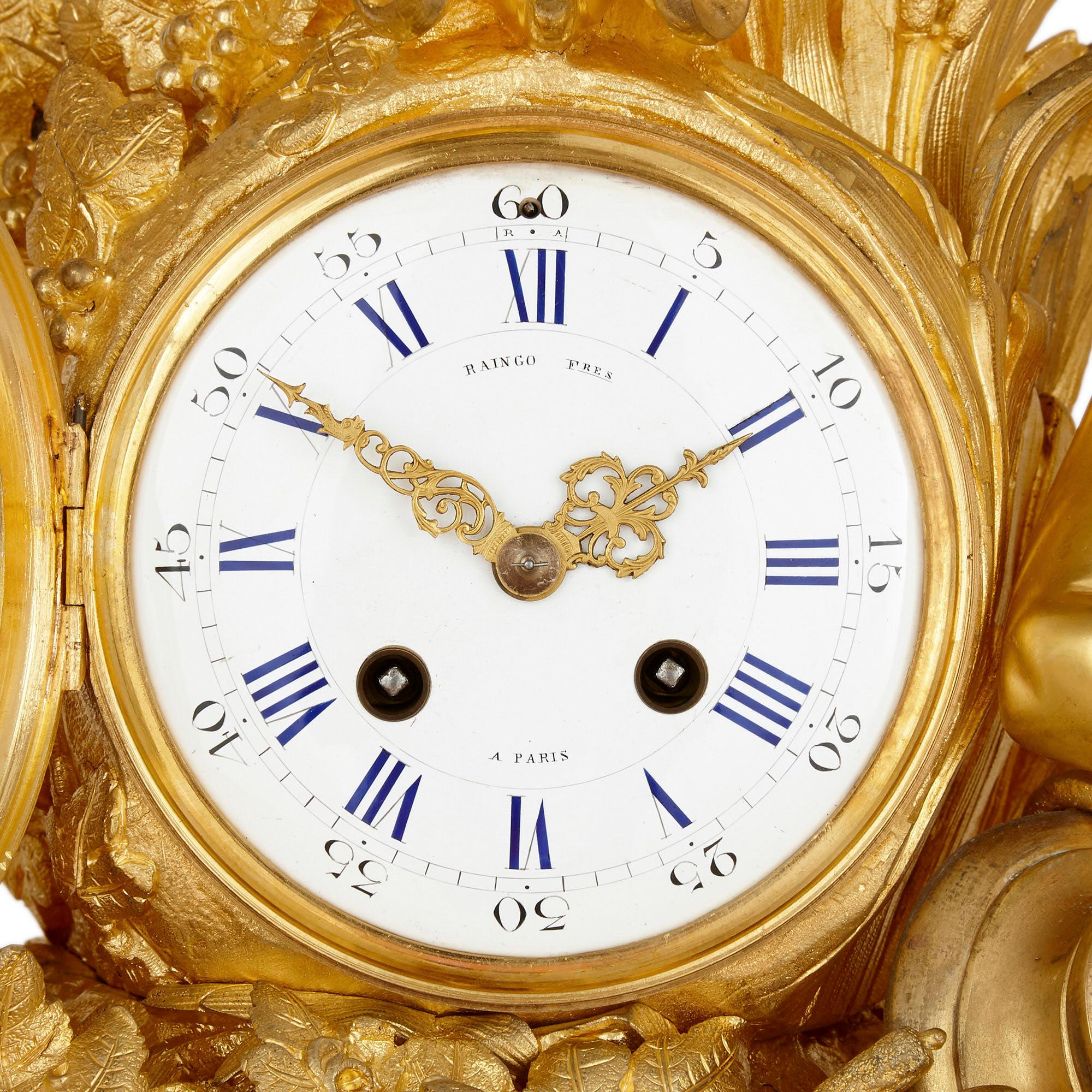 Rococo Gilt Bronze Three-Piece Clock Set by Raingo Frères and Henri Picard For Sale