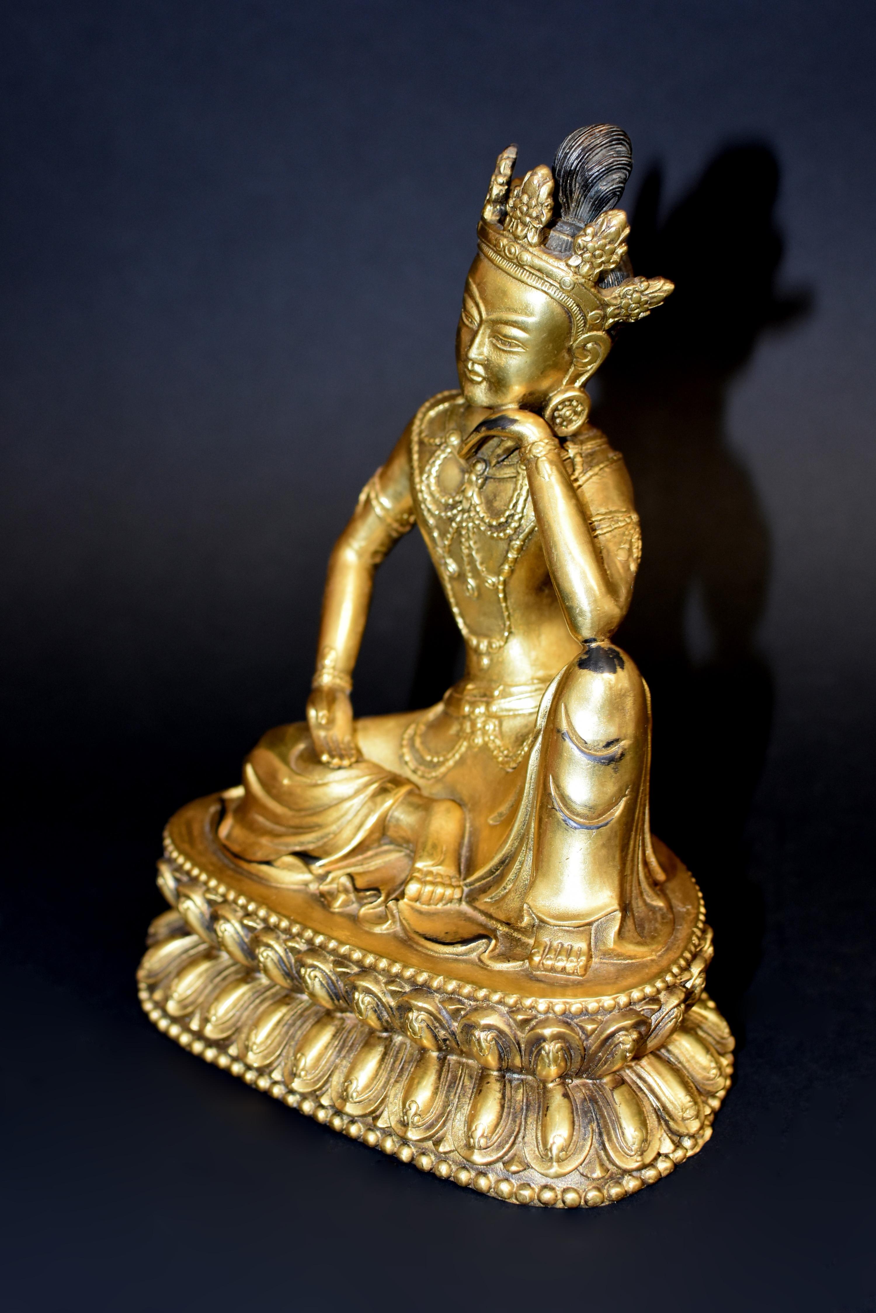 Cast Gilt Bronze Tibetan Water Moon Guan Yin Avalokiteshvara Statue For Sale