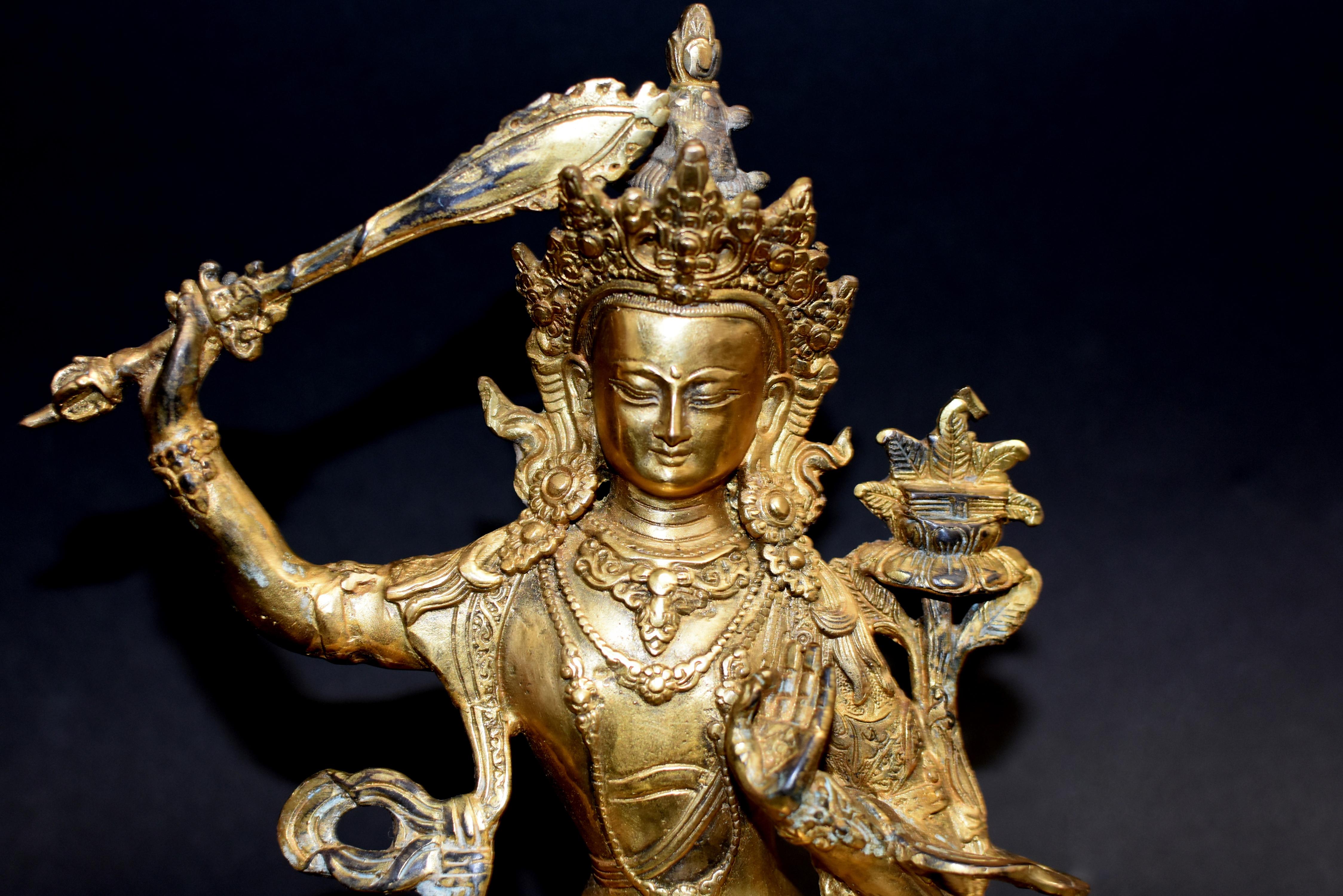 Gilt Bronze Tibetan Buddha Manjushree In Good Condition In Somis, CA