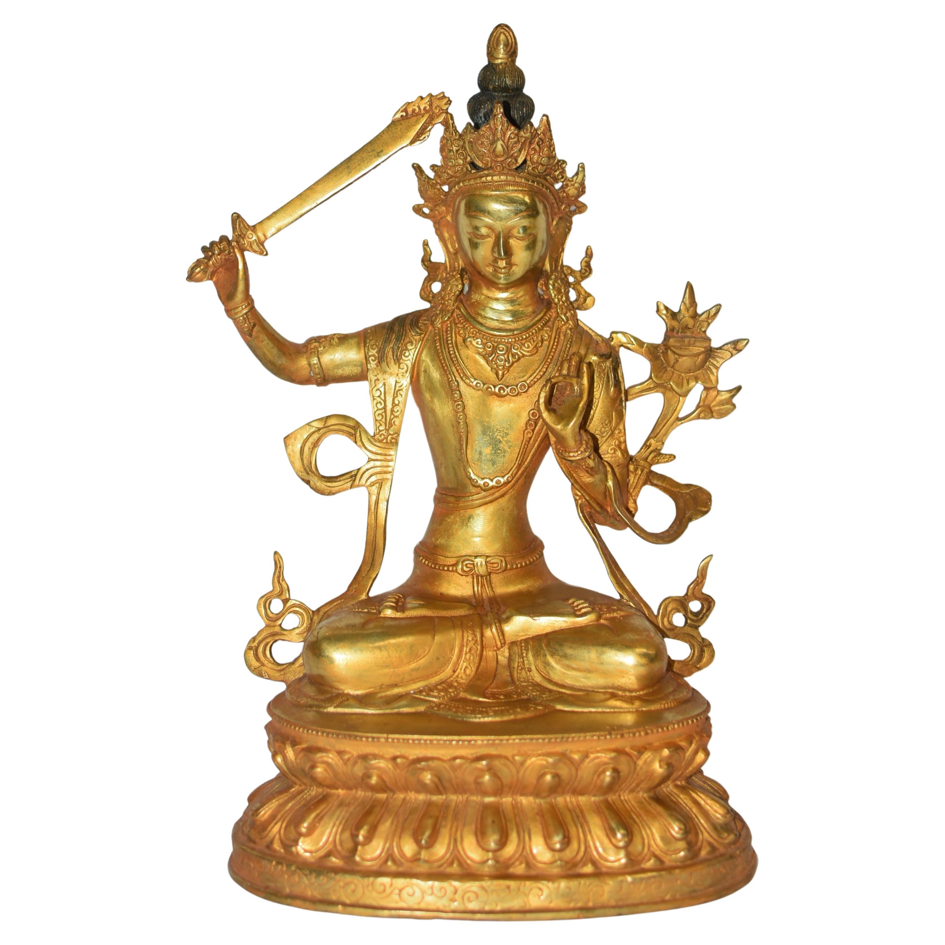 Tibetischer Buddha-Manjushree aus vergoldeter Bronze 