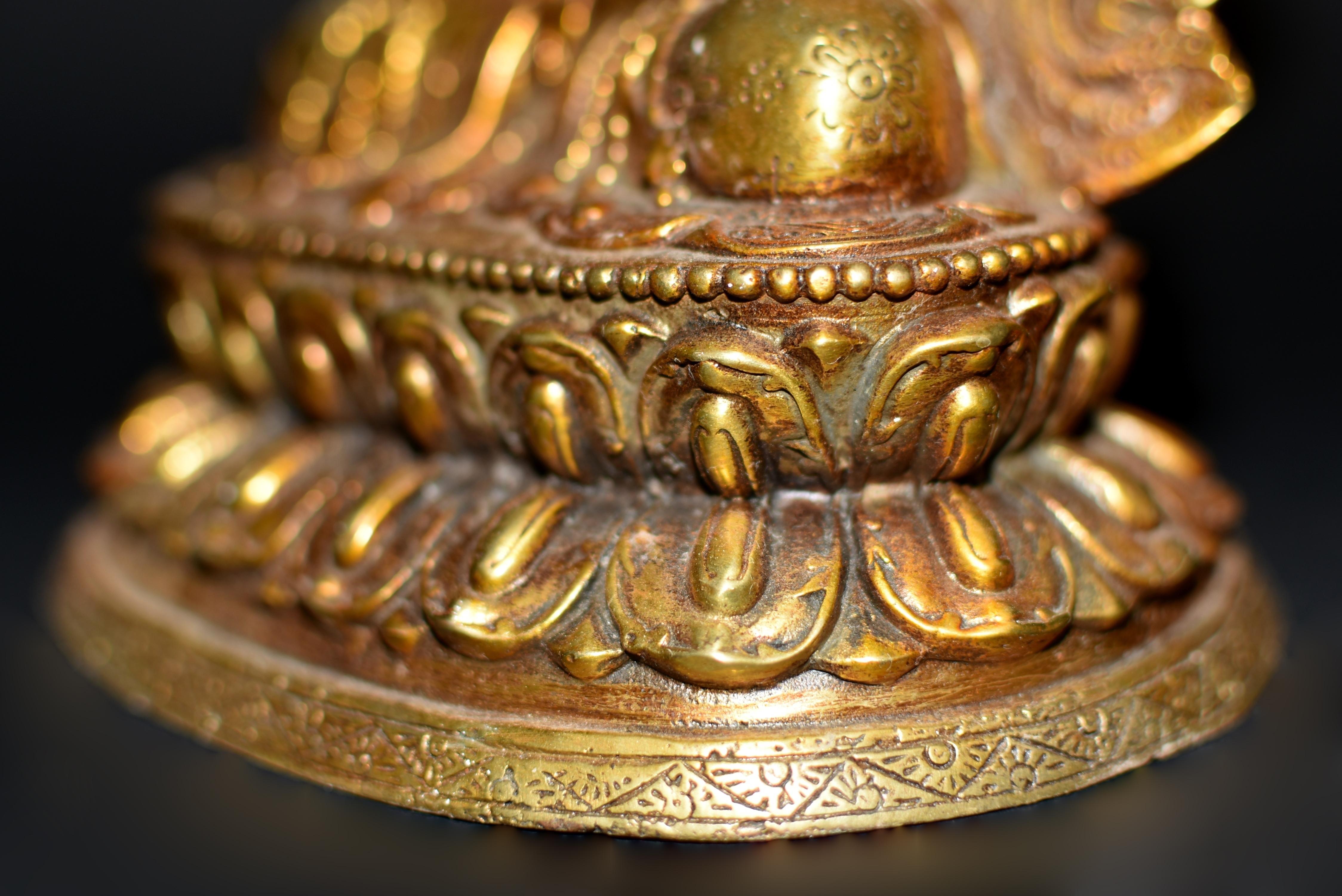Gilt Bronze Tibetan Buddha Manjushree with Beaded Tassels For Sale 5