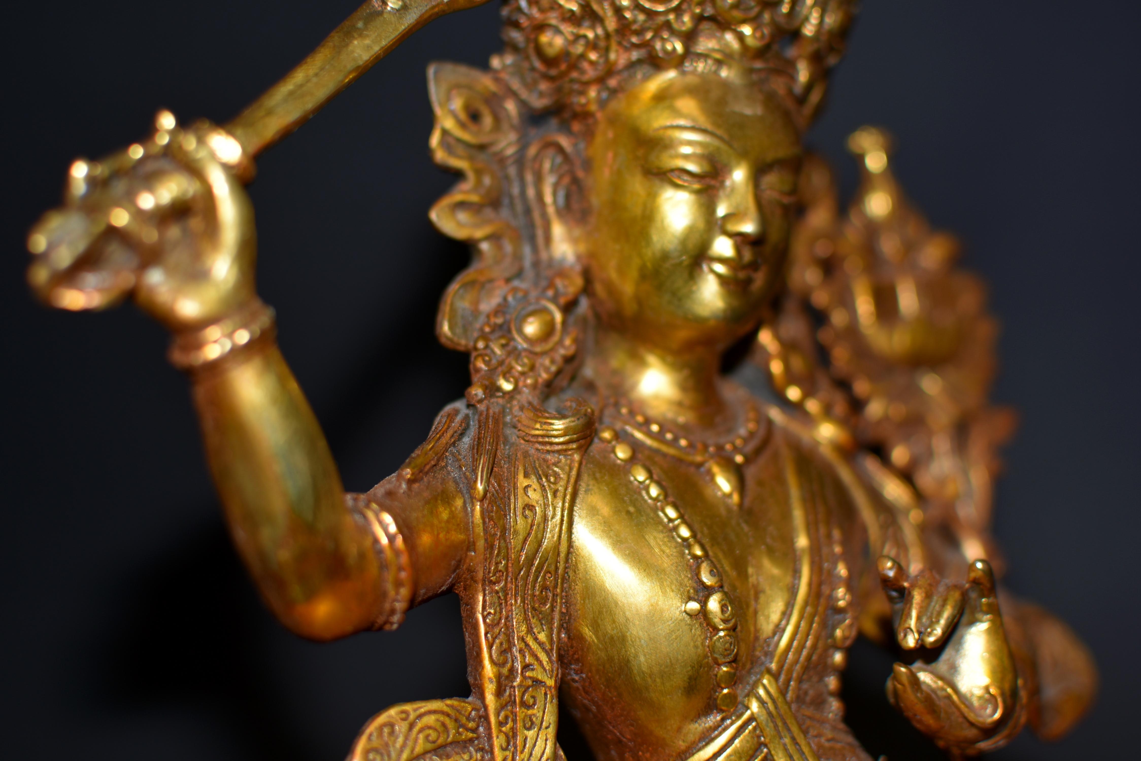 Gilt Bronze Tibetan Buddha Manjushree with Beaded Tassels For Sale 6