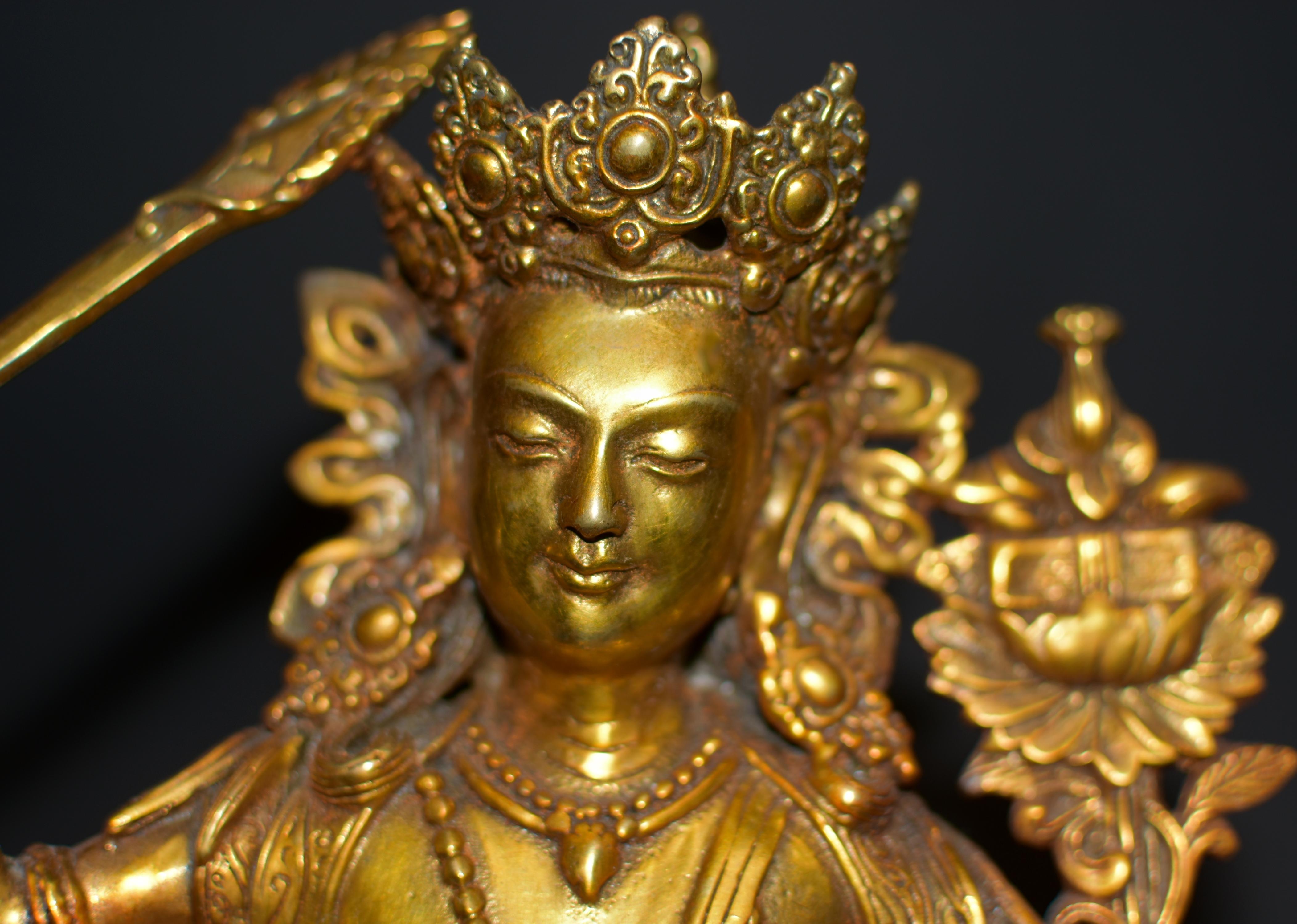 Gilt Bronze Tibetan Buddha Manjushree with Beaded Tassels For Sale 7