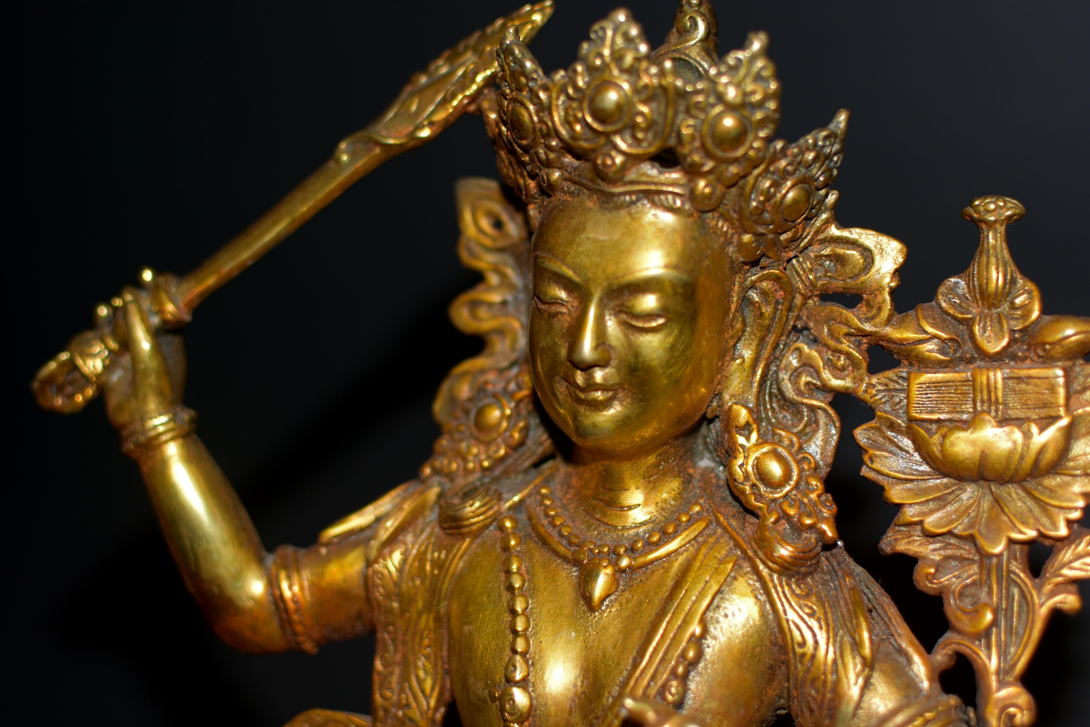 Gilt Bronze Tibetan Buddha Manjushree with Beaded Tassels For Sale 8