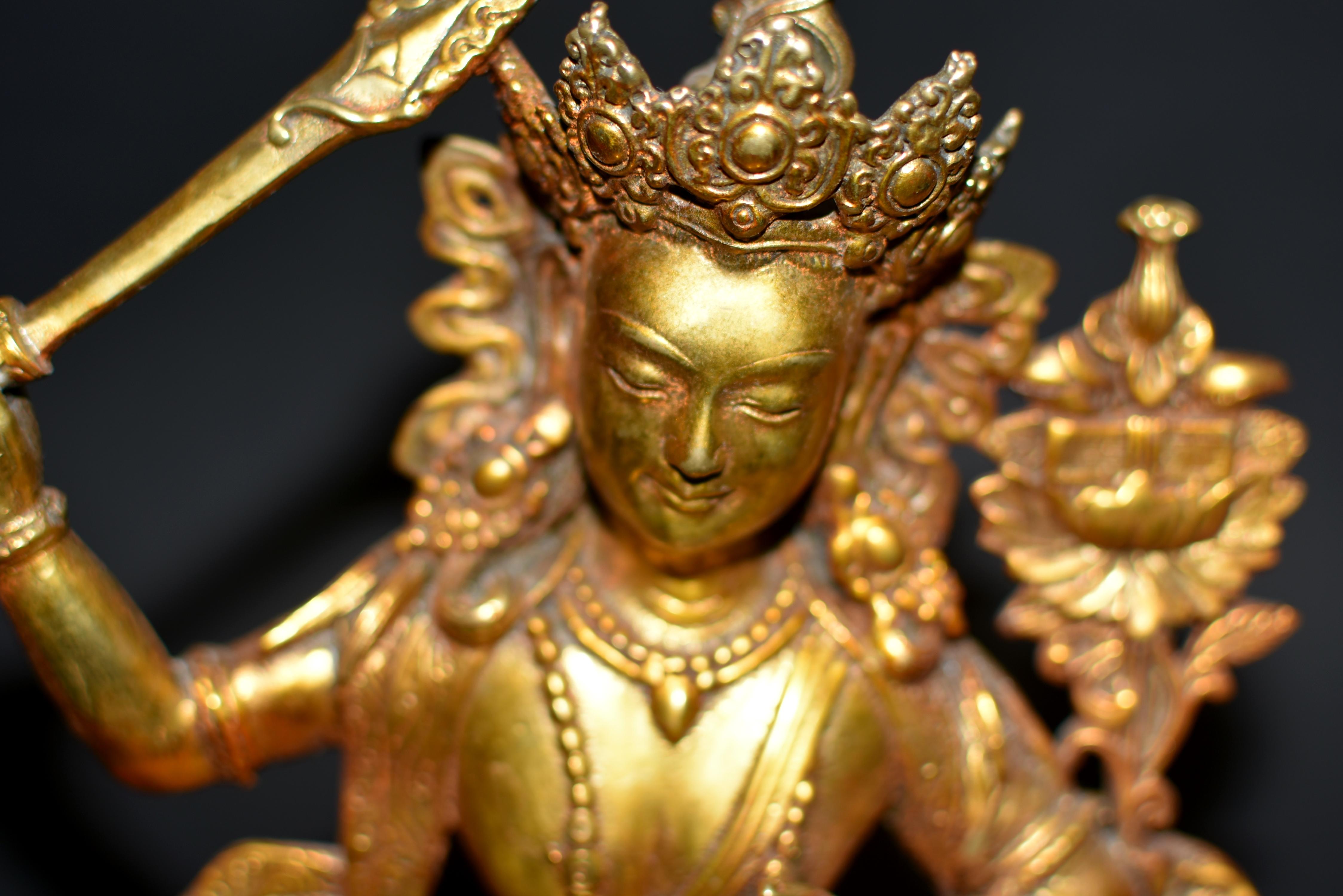 Gilt Bronze Tibetan Buddha Manjushree with Beaded Tassels For Sale 9