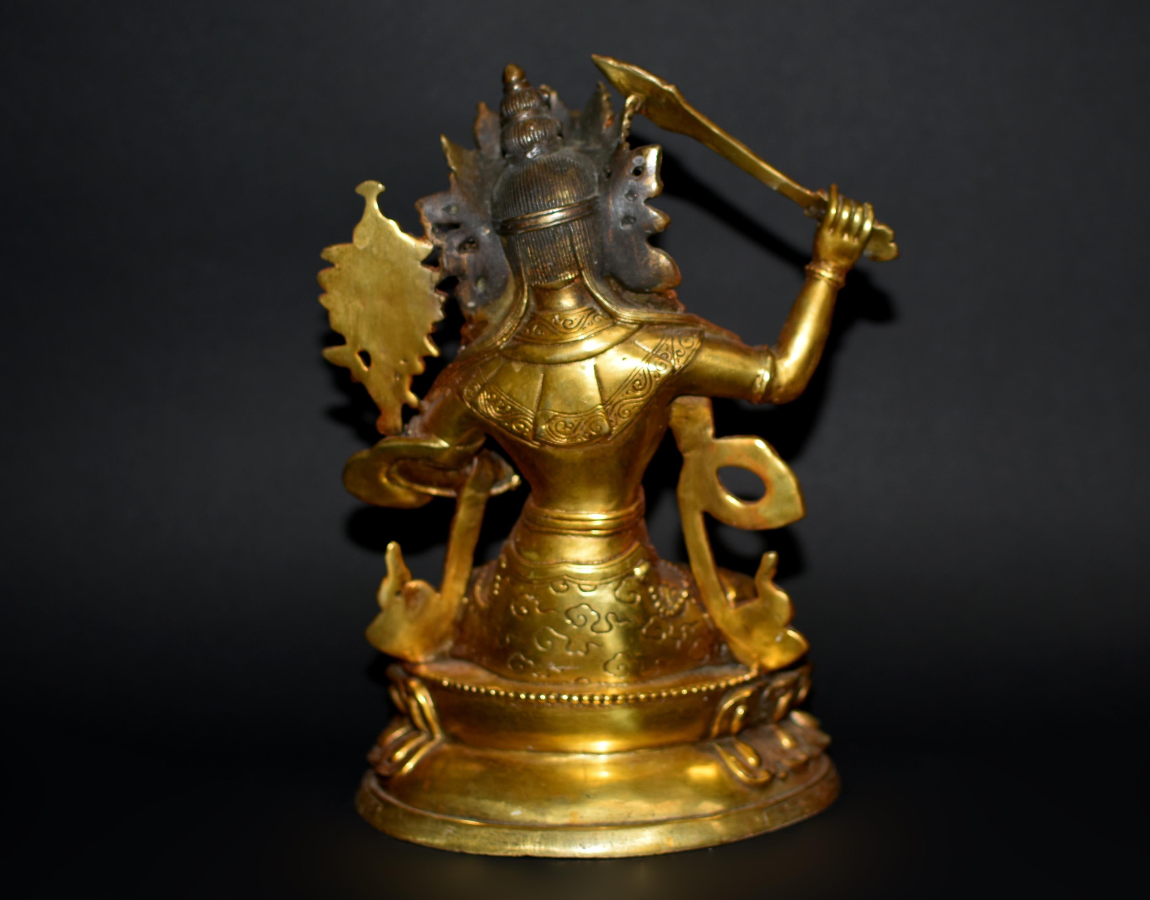 Gilt Bronze Tibetan Buddha Manjushree with Beaded Tassels For Sale 11
