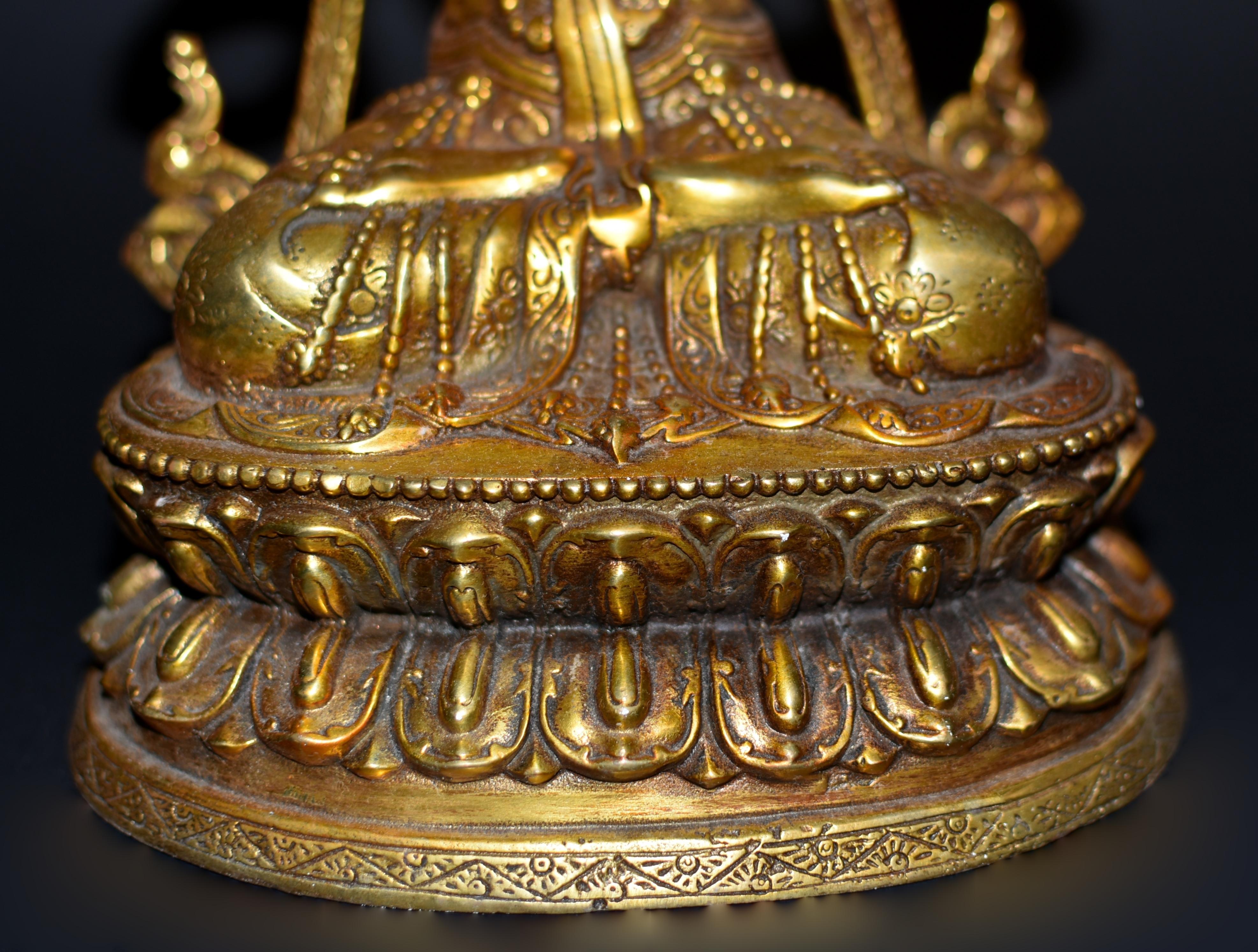 Gilt Bronze Tibetan Buddha Manjushree with Beaded Tassels In Good Condition For Sale In Somis, CA