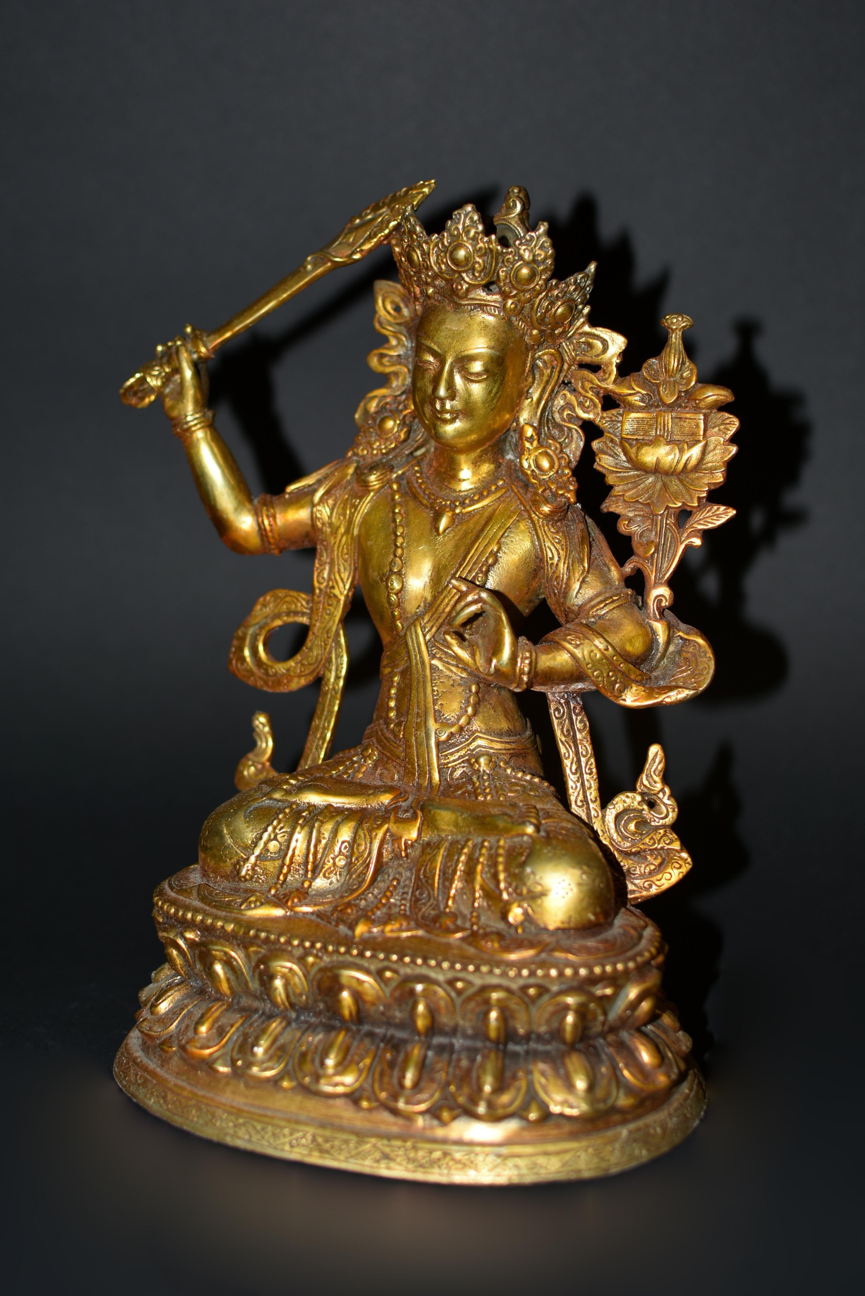 20th Century Gilt Bronze Tibetan Buddha Manjushree with Beaded Tassels For Sale