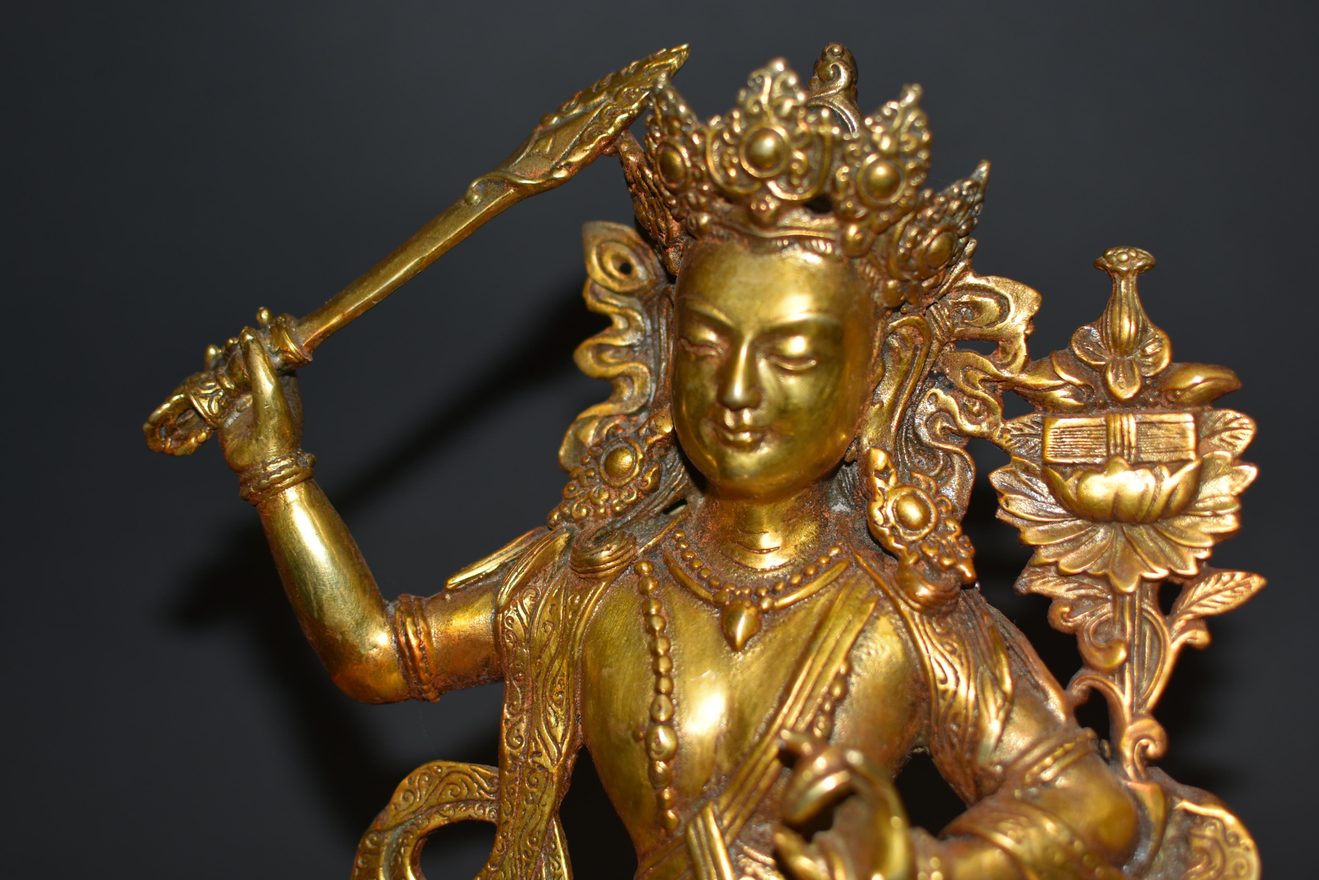 Gilt Bronze Tibetan Buddha Manjushree with Beaded Tassels For Sale 1