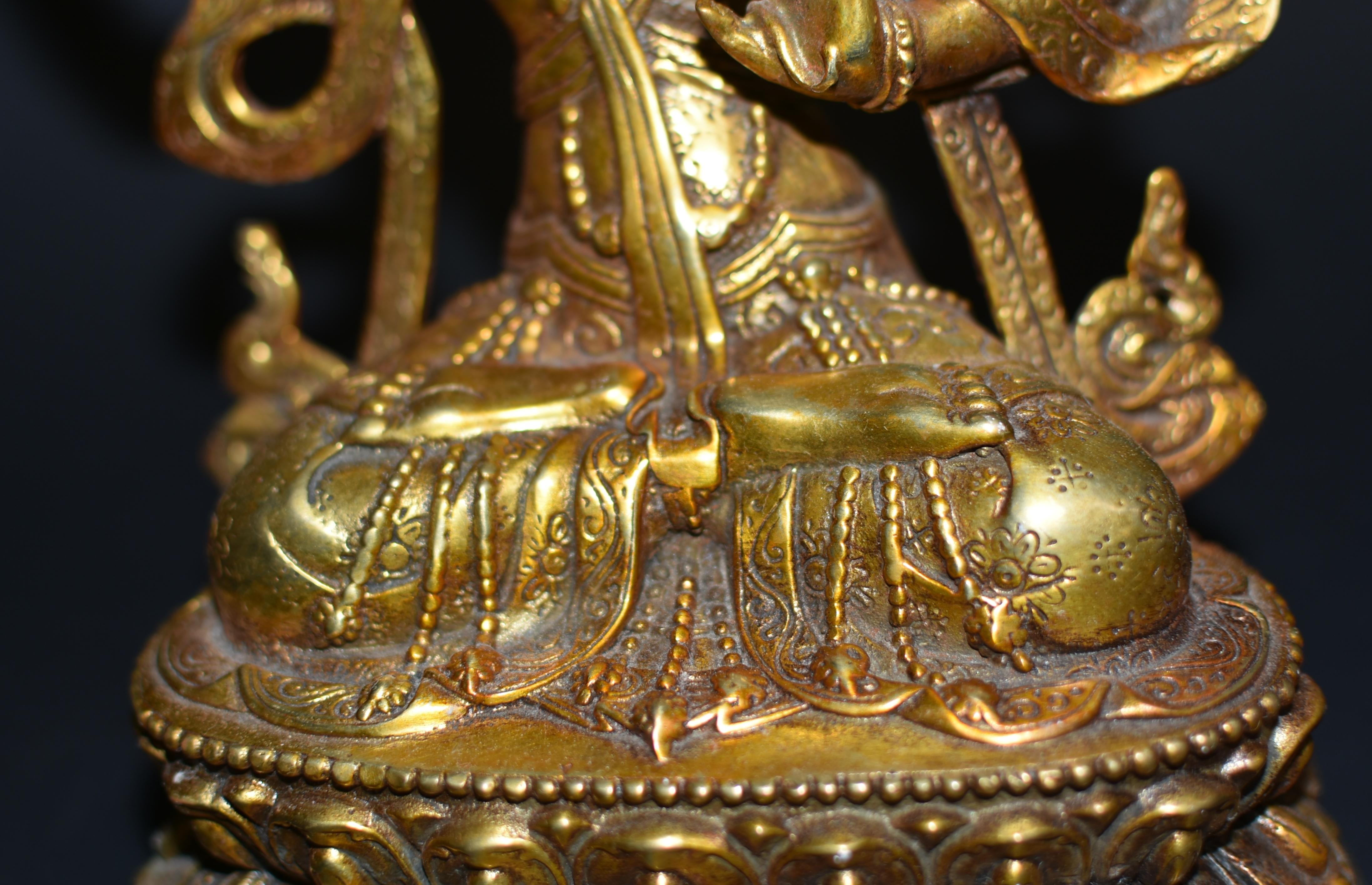 Gilt Bronze Tibetan Buddha Manjushree with Beaded Tassels For Sale 2