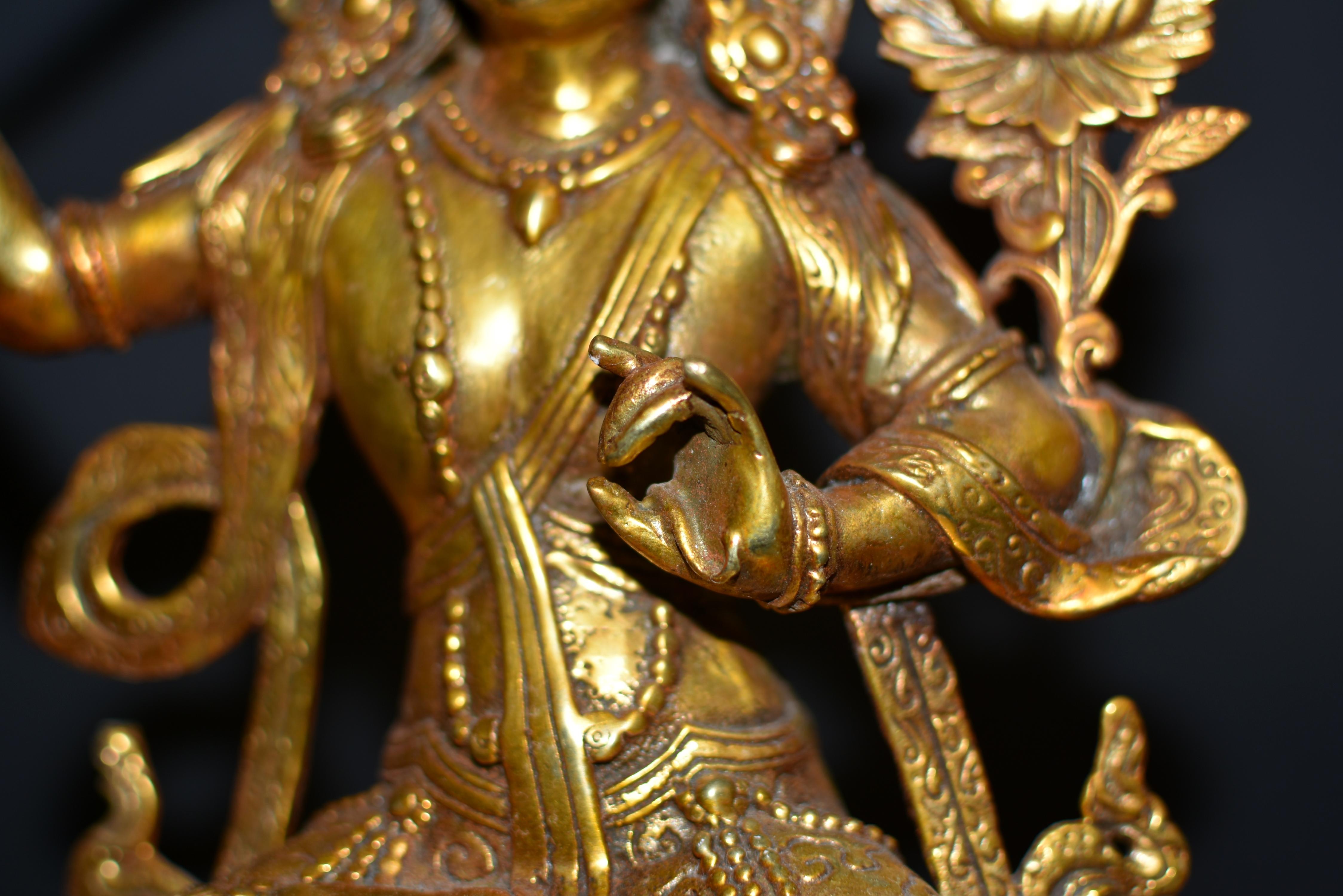 Gilt Bronze Tibetan Buddha Manjushree with Beaded Tassels For Sale 3