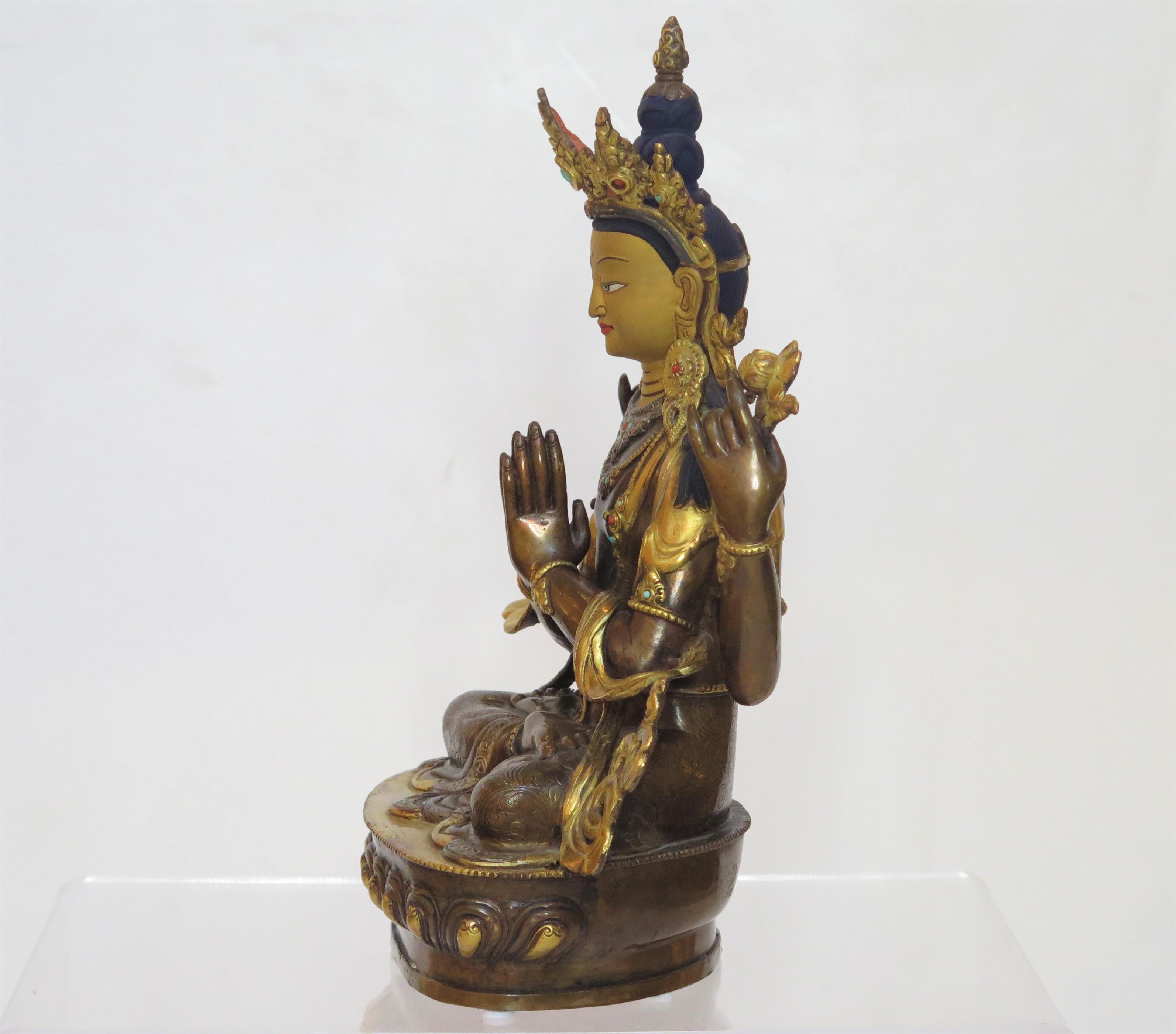 Gilt Bronze Tibetan Buddhist Deity Chenrezig 'Four-Armed Avalokiteshvara' In Good Condition For Sale In Dallas, TX
