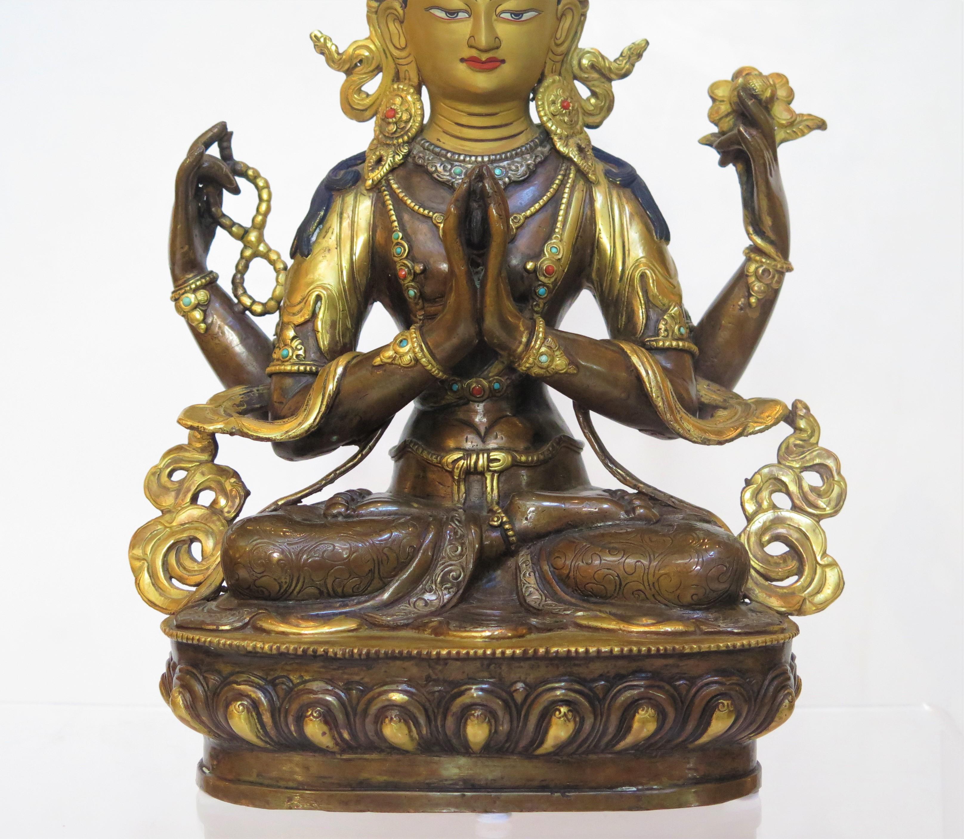 Gilt Bronze Tibetan Buddhist Deity Chenrezig 'Four-Armed Avalokiteshvara' For Sale 1