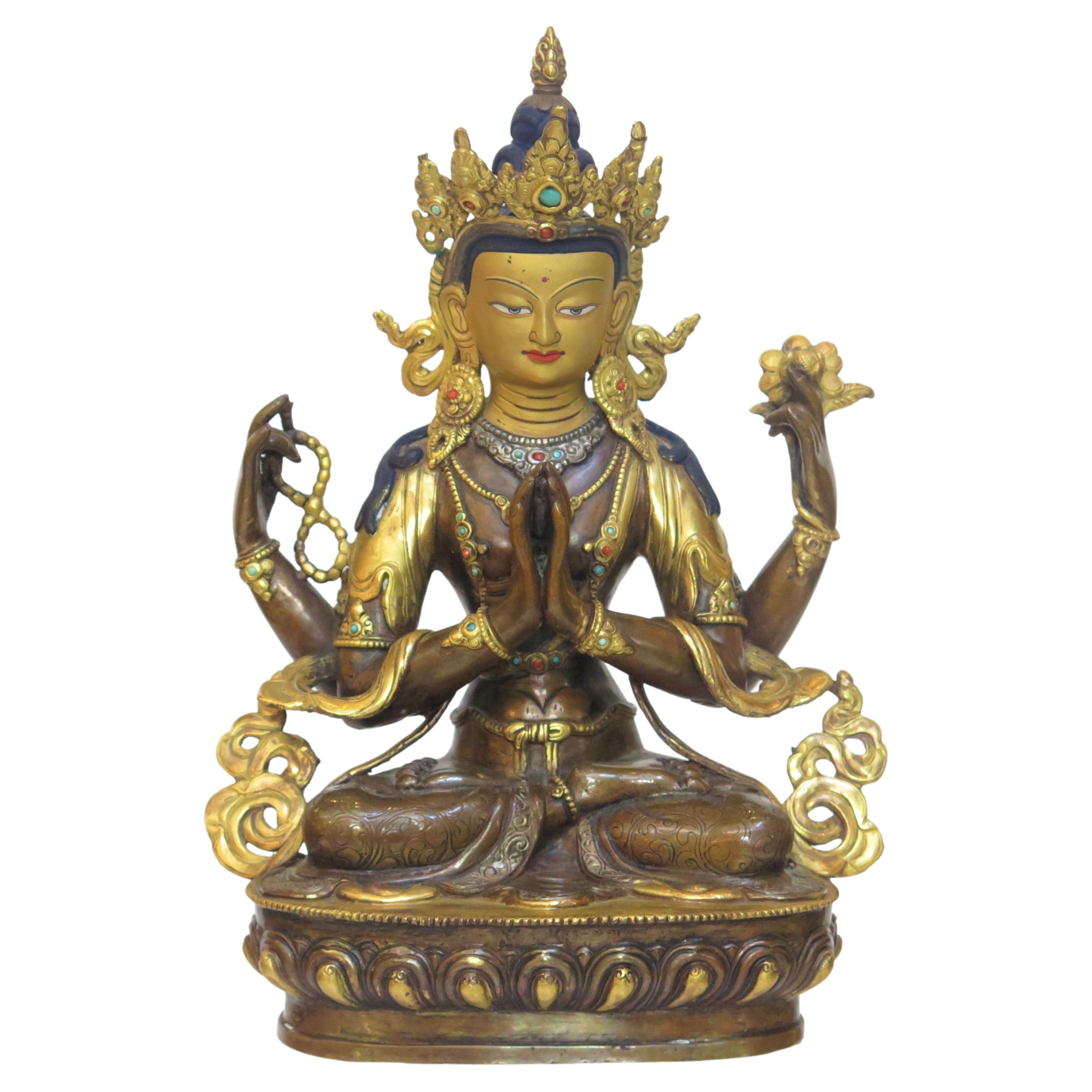 Gilt Bronze Tibetan Buddhist Deity Chenrezig 'Four-Armed Avalokiteshvara' For Sale