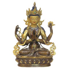 Vintage Gilt Bronze Tibetan Buddhist Deity Chenrezig 'Four-Armed Avalokiteshvara'