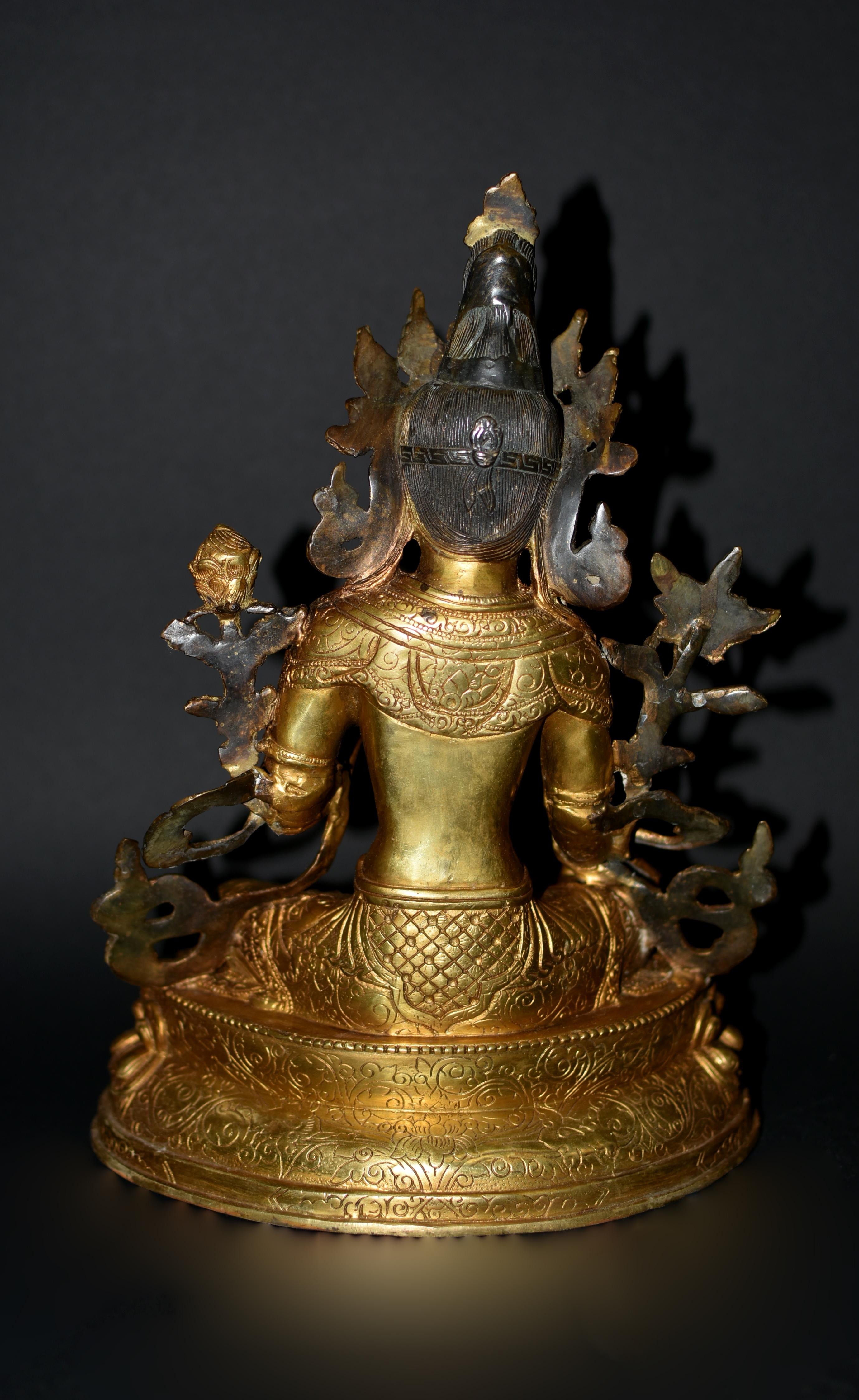 Gilt Bronze Tibetan Green Tara Statue  For Sale 12