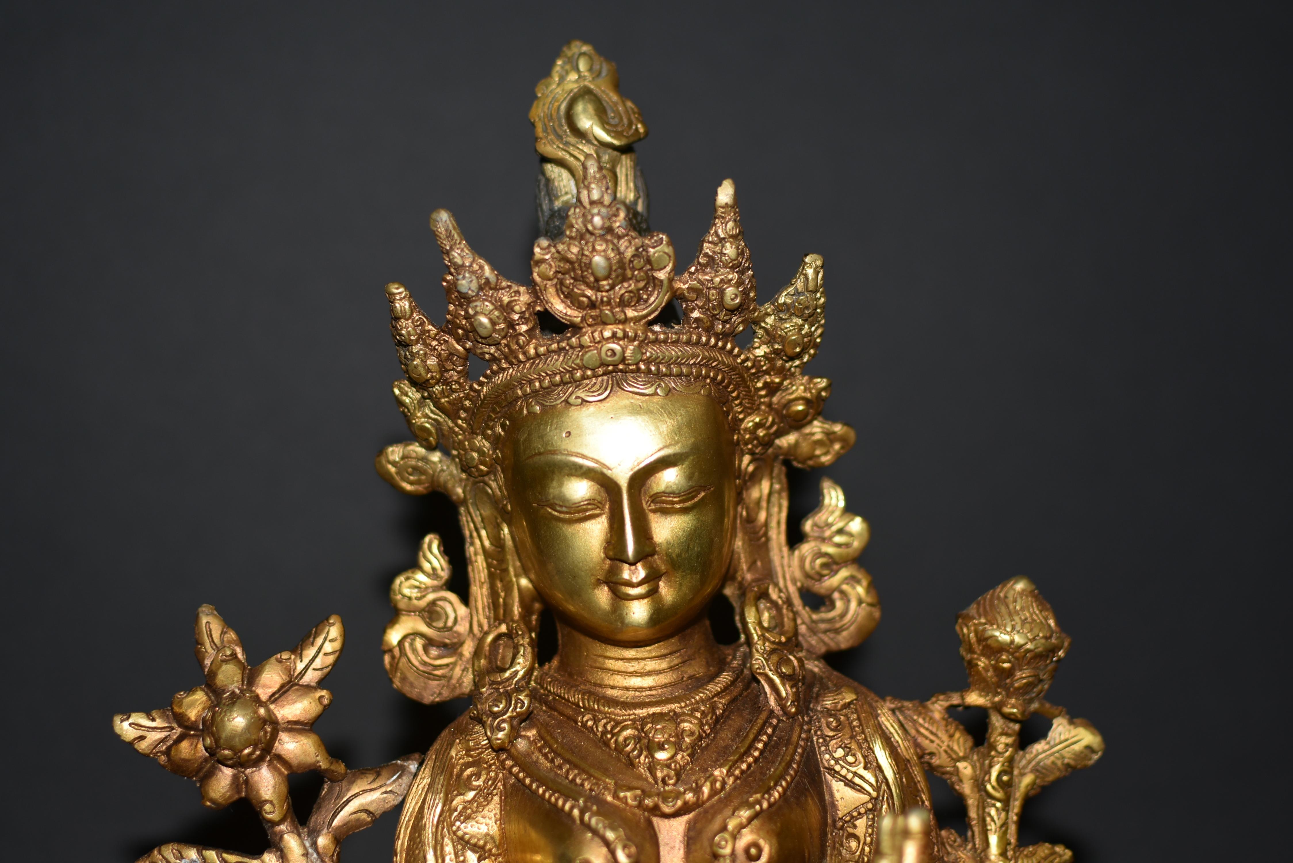 Gilt Bronze Tibetan Green Tara Statue  In Good Condition For Sale In Somis, CA
