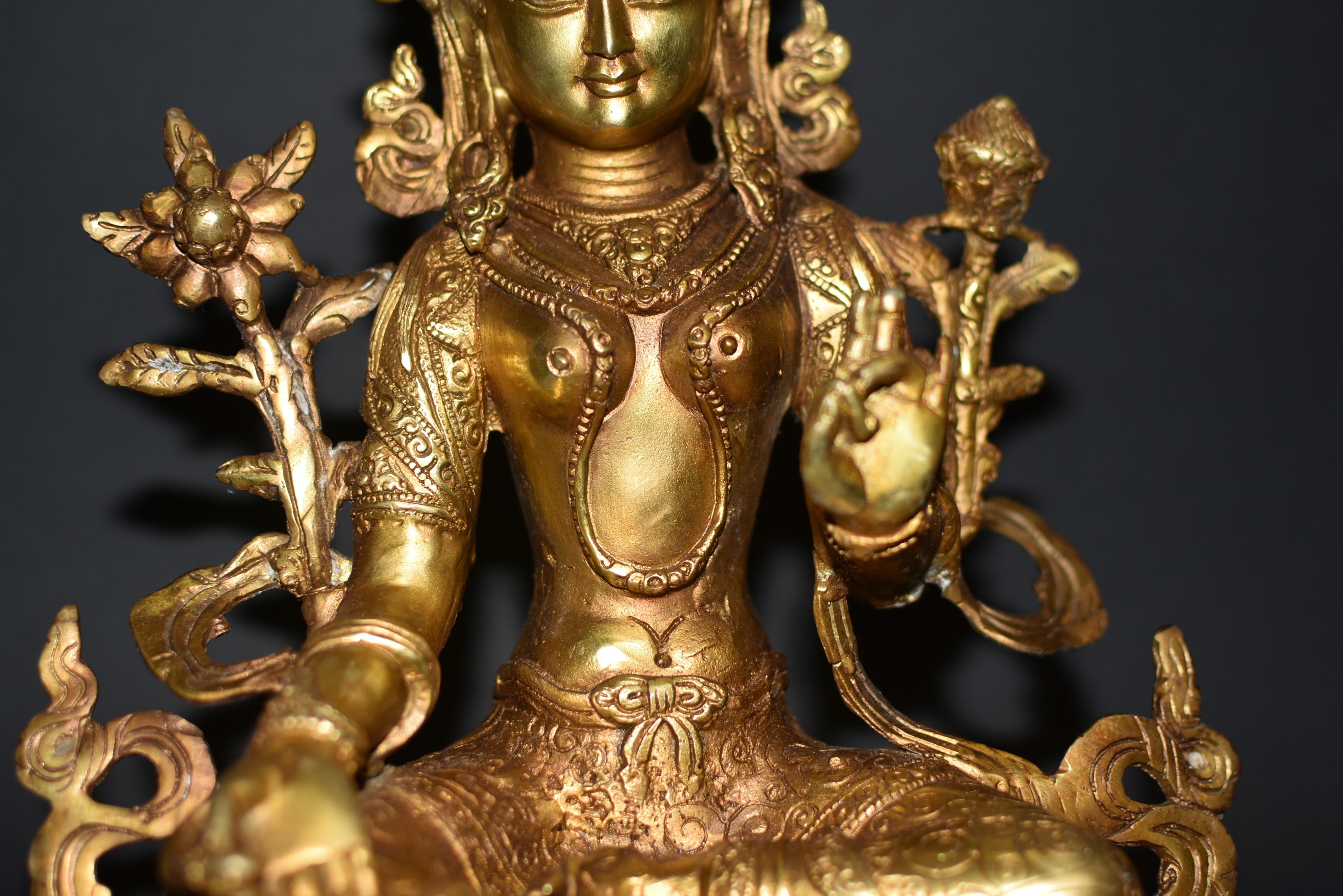 20th Century Gilt Bronze Tibetan Green Tara Statue  For Sale