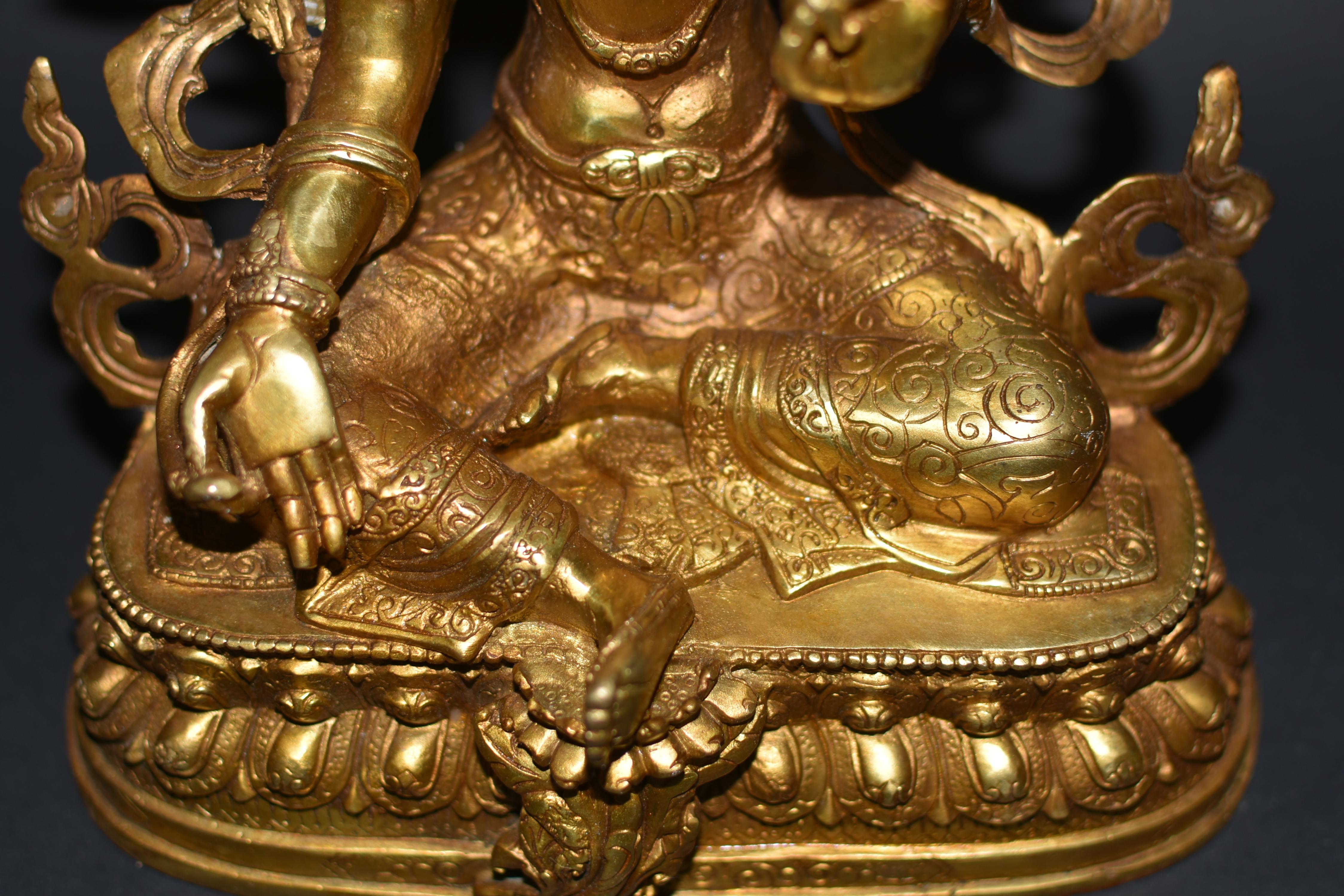 Gilt Bronze Tibetan Green Tara Statue  For Sale 1
