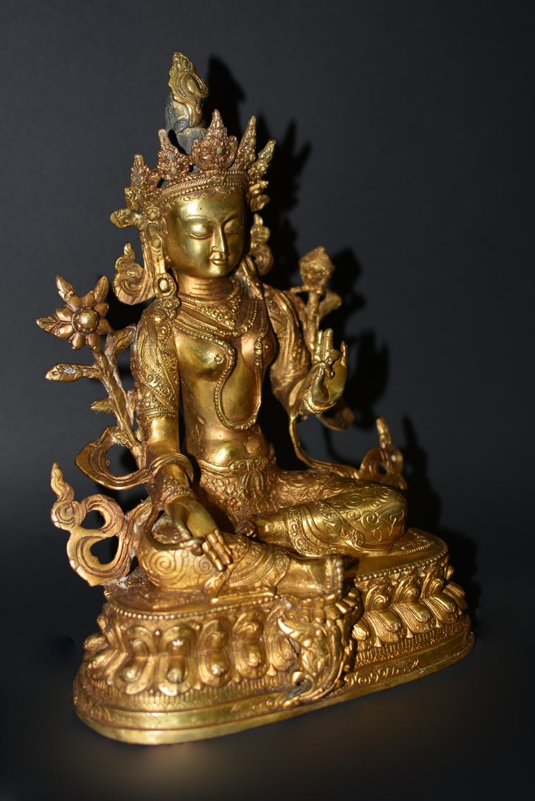 Gilt Bronze Tibetan Green Tara Statue For Sale at 1stDibs