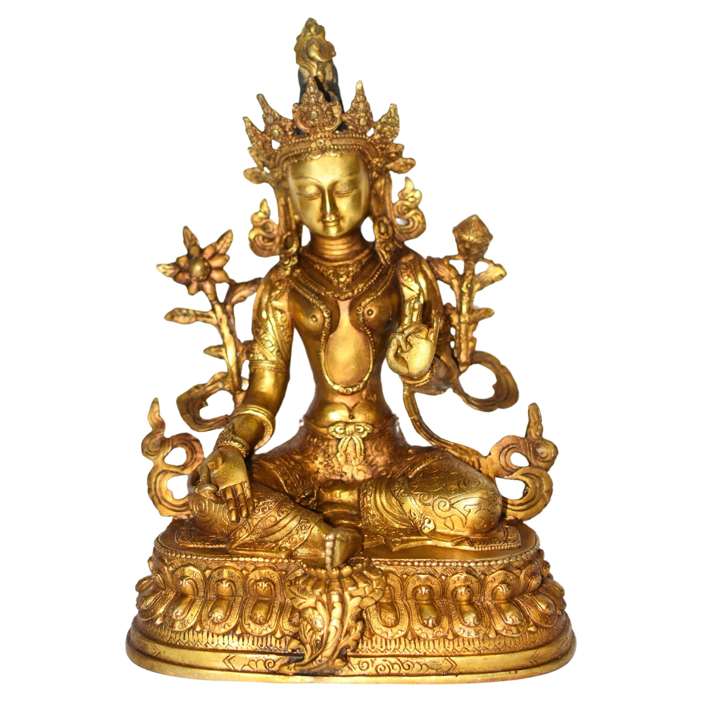 Gilt Bronze Tibetan Green Tara Statue  For Sale