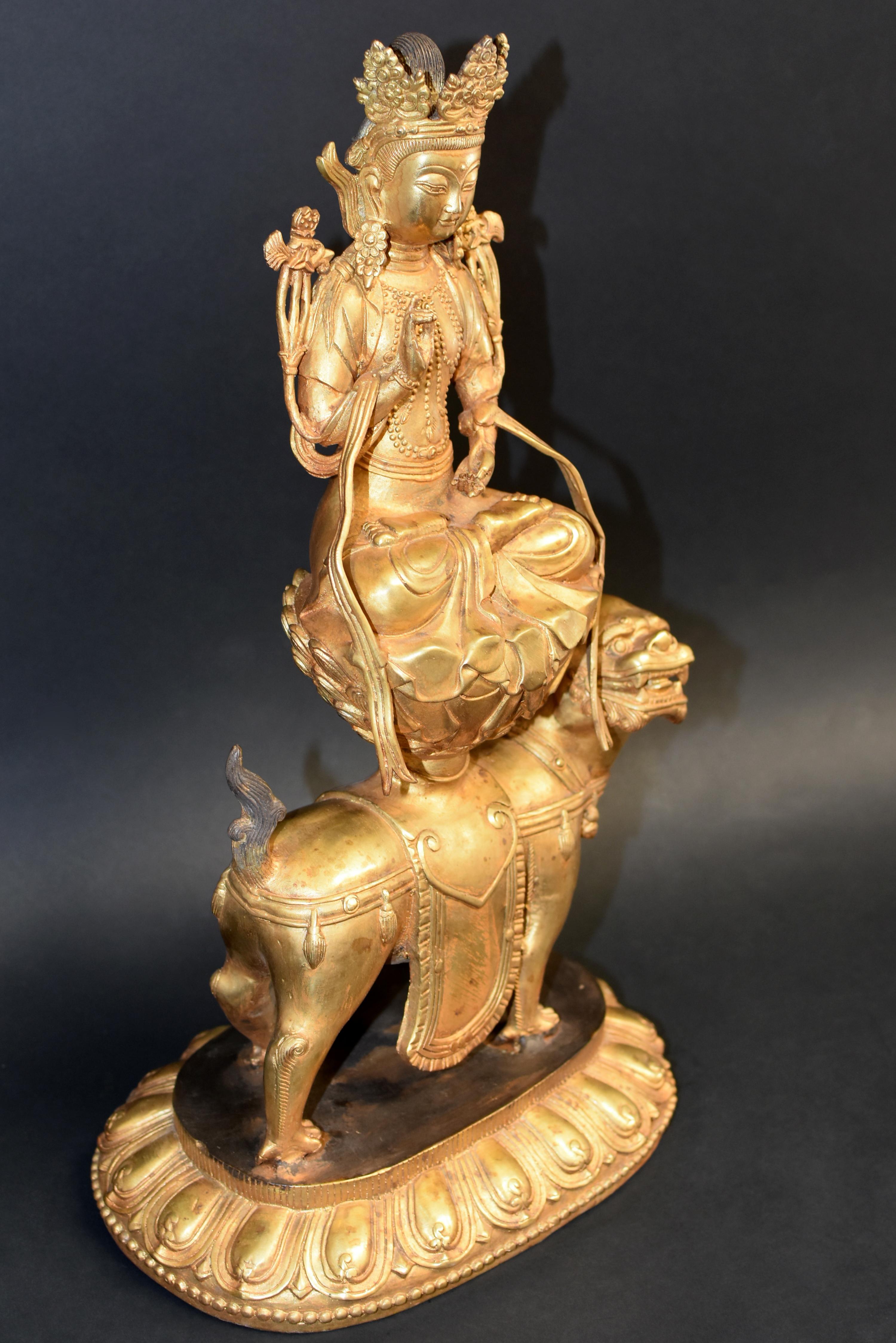 Gilt Bronze Tibetan White Tara on High Pedestal 10 lb In Good Condition For Sale In Somis, CA